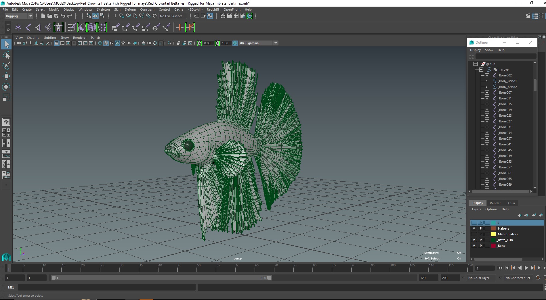 3D model Red Crowntail Betta Fish Rigged for Maya