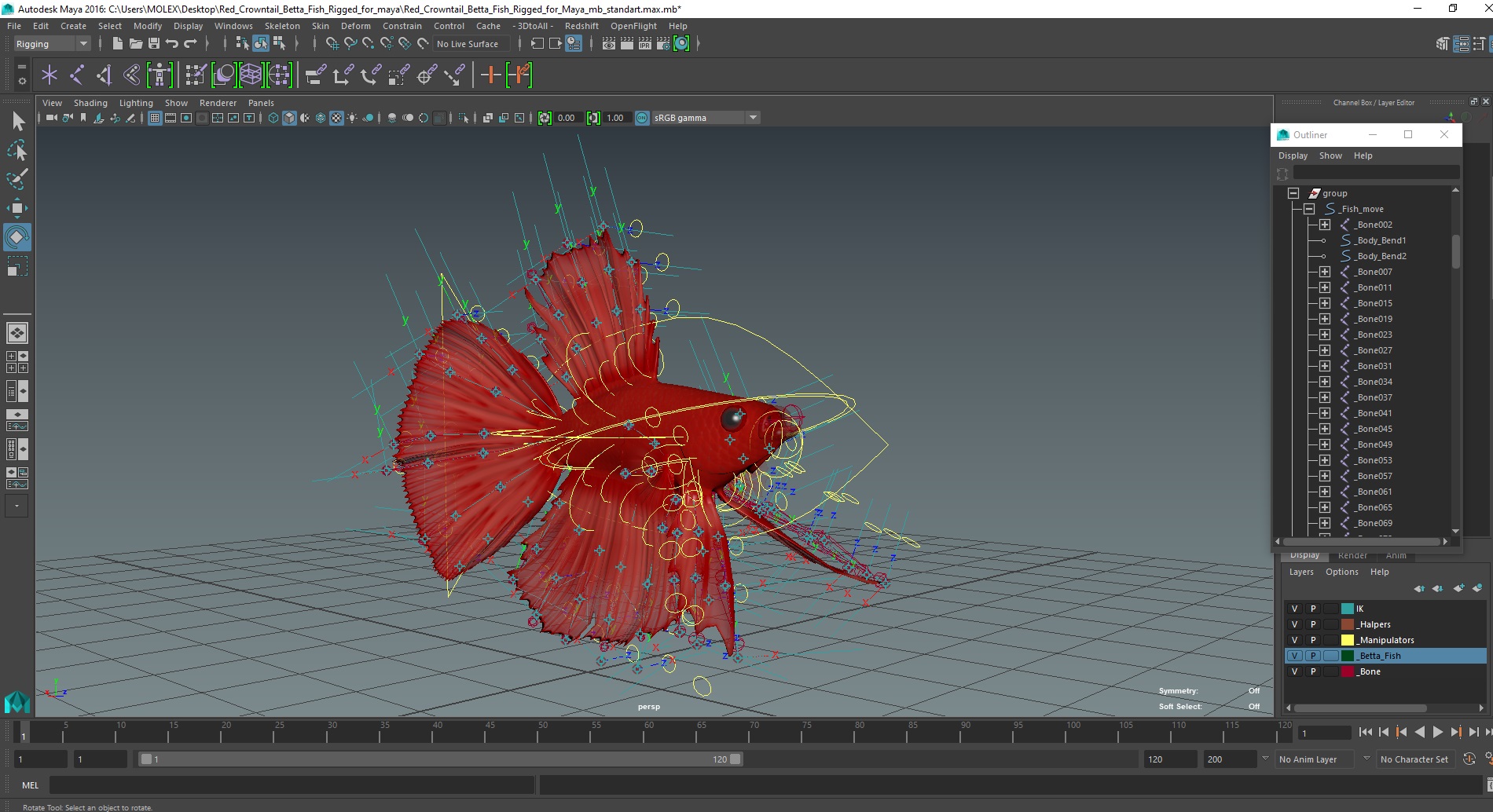 3D model Red Crowntail Betta Fish Rigged for Maya