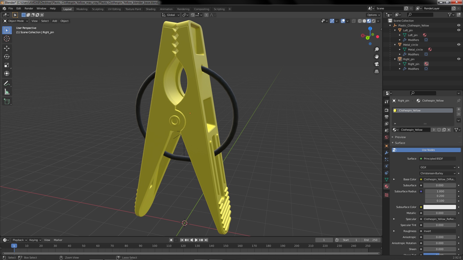 3D model Plastic Clothespin Yellow