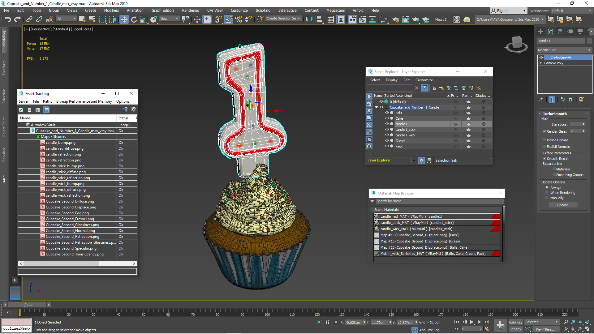 Cupcake and Number 1 Candle 3D