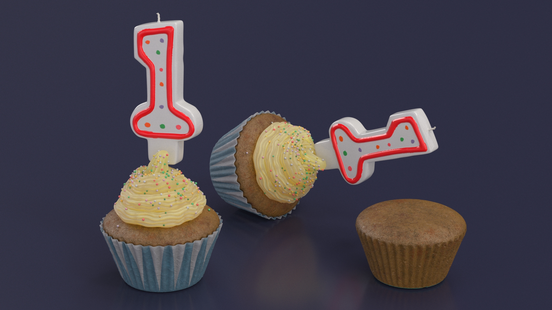 Cupcake and Number 1 Candle 3D