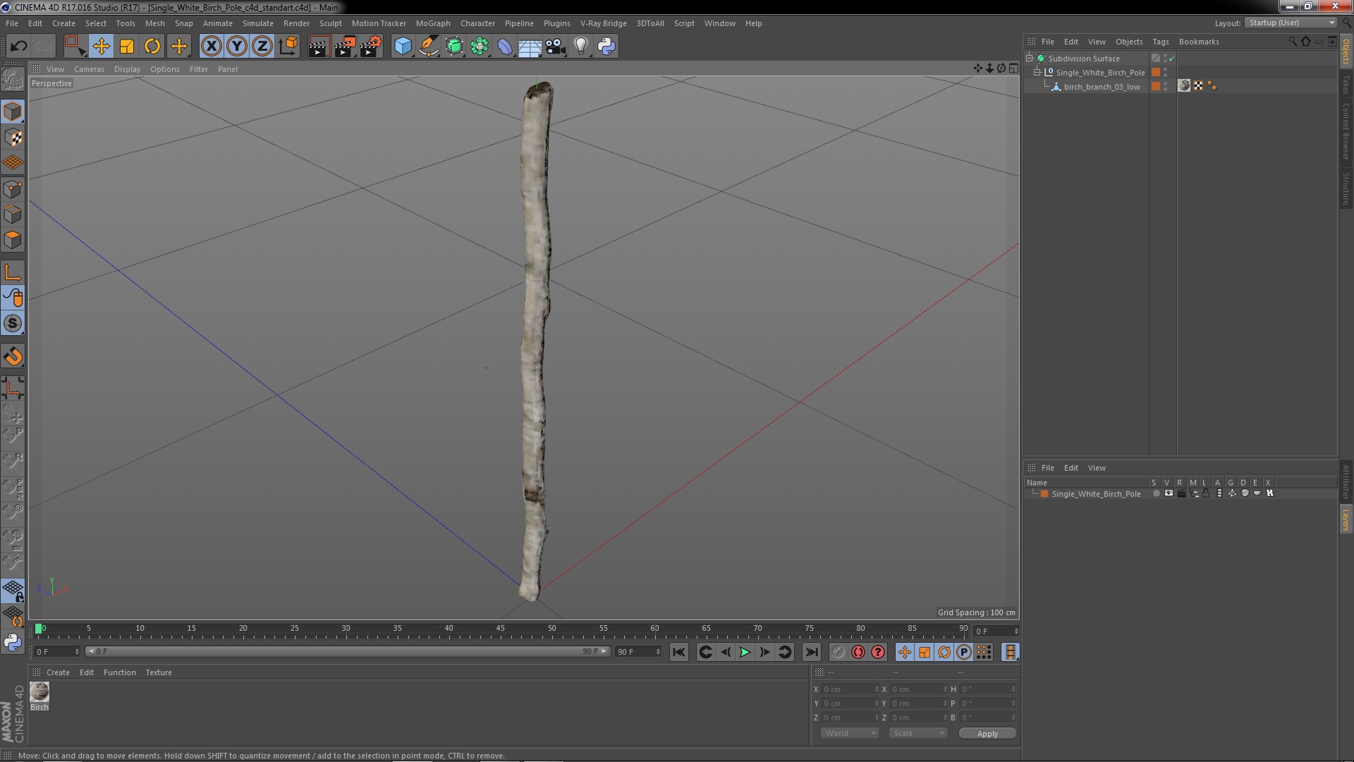 3D Single White Birch Pole model