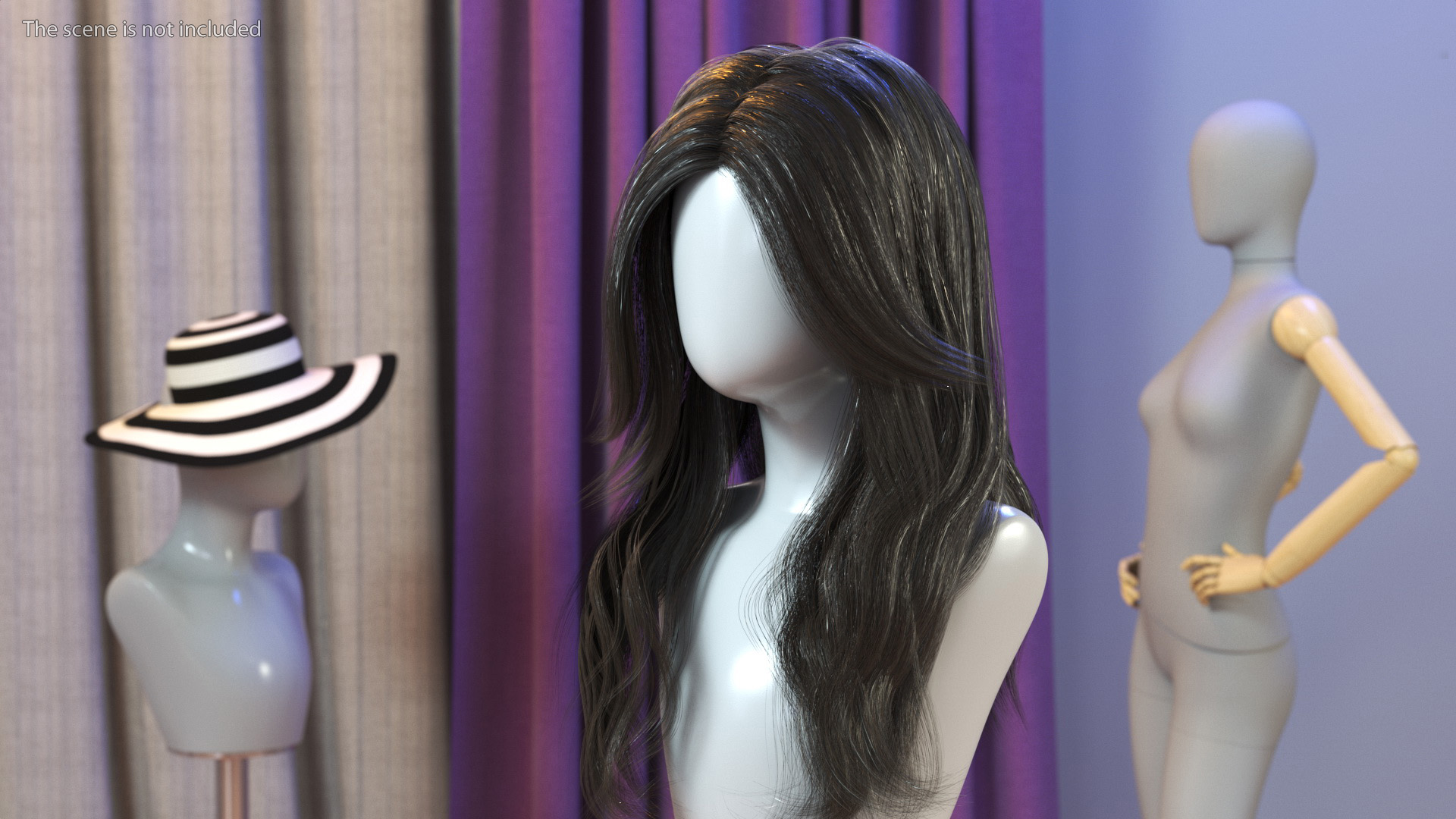 3D Long Wavy Hairstyle Wig Dark model