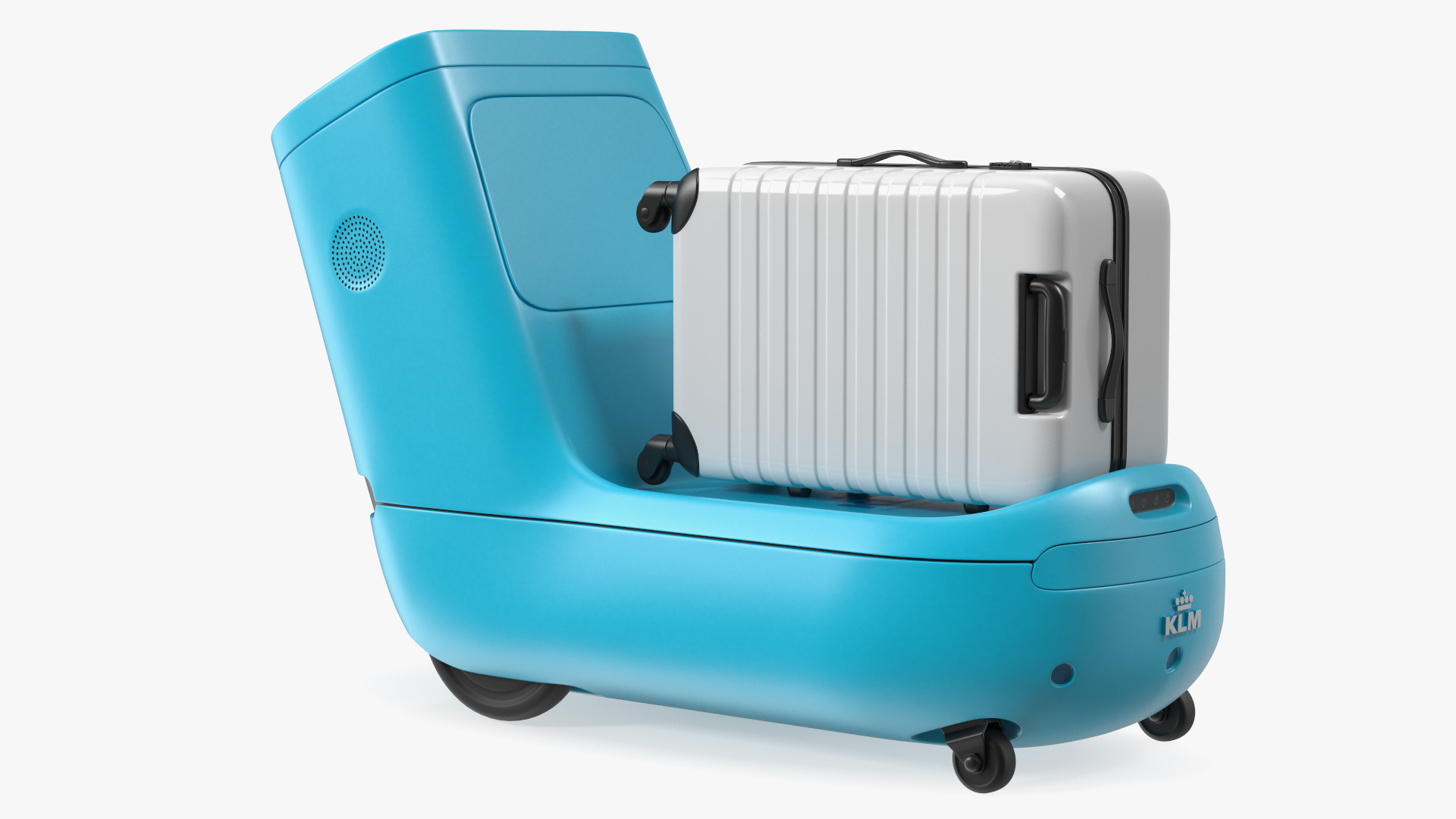 3D KLM Care E Robot and White Luggage Bag model