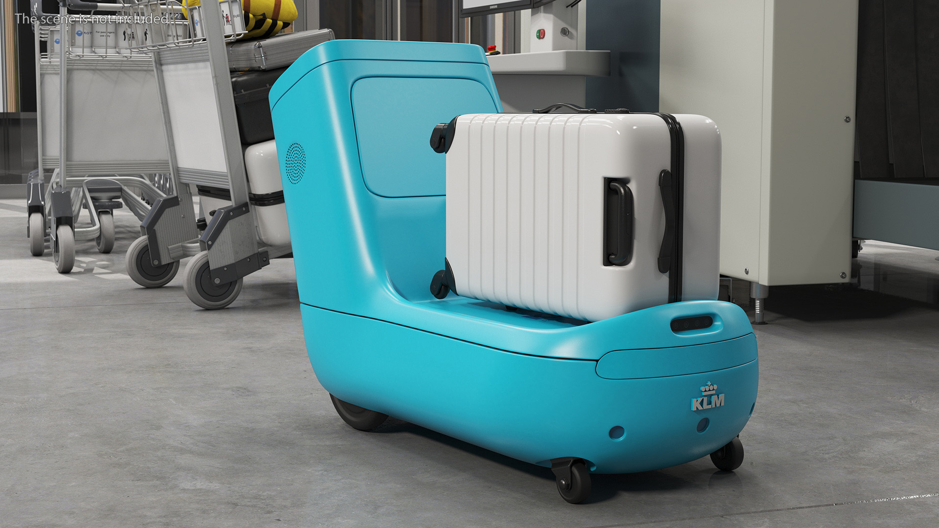 3D KLM Care E Robot and White Luggage Bag model