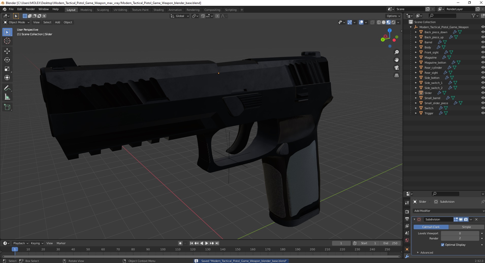 Modern Tactical Pistol Game Weapon 3D model