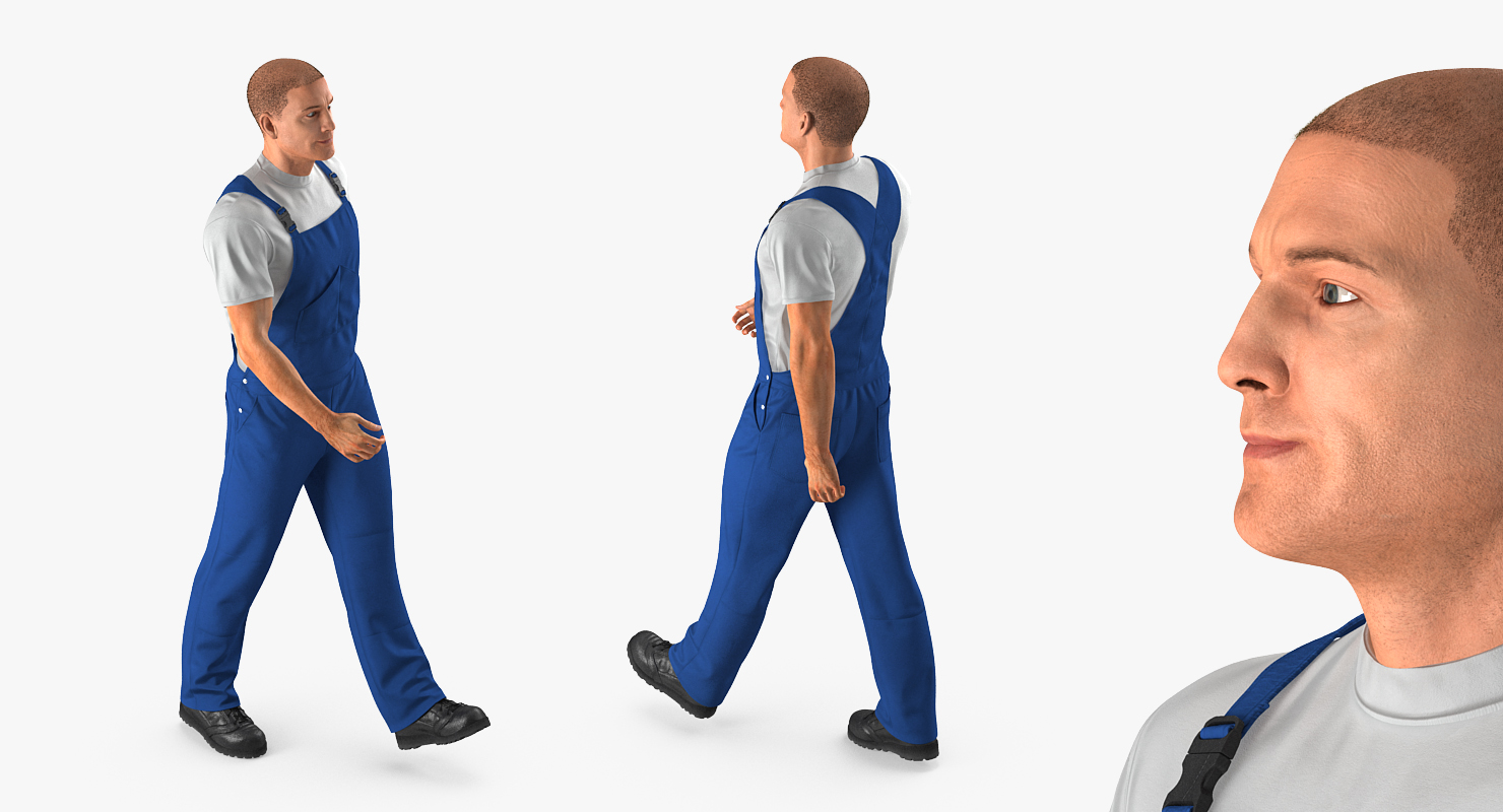 Worker In Blue Overalls with Hardhat Walking Pose 3D model