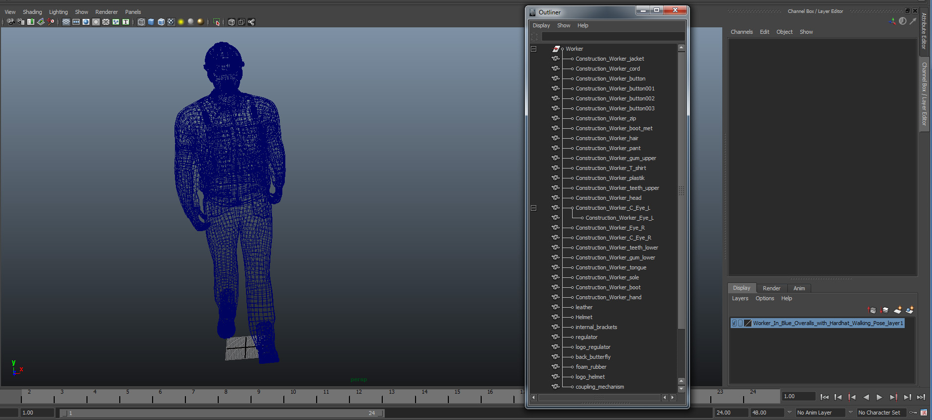 Worker In Blue Overalls with Hardhat Walking Pose 3D model