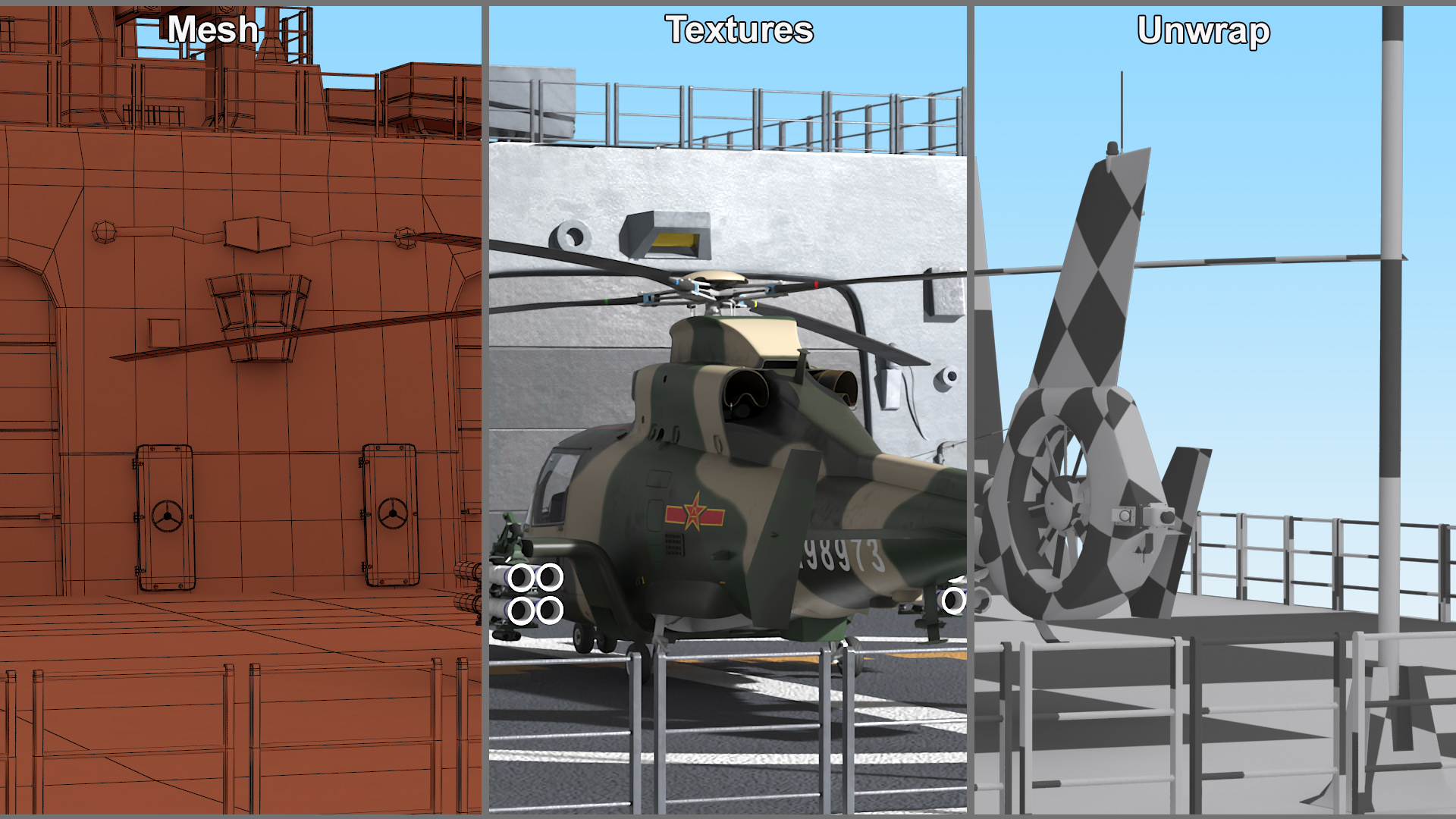 3D Military Harbin Z-9WZ Helicopter on Naval Ship Deck