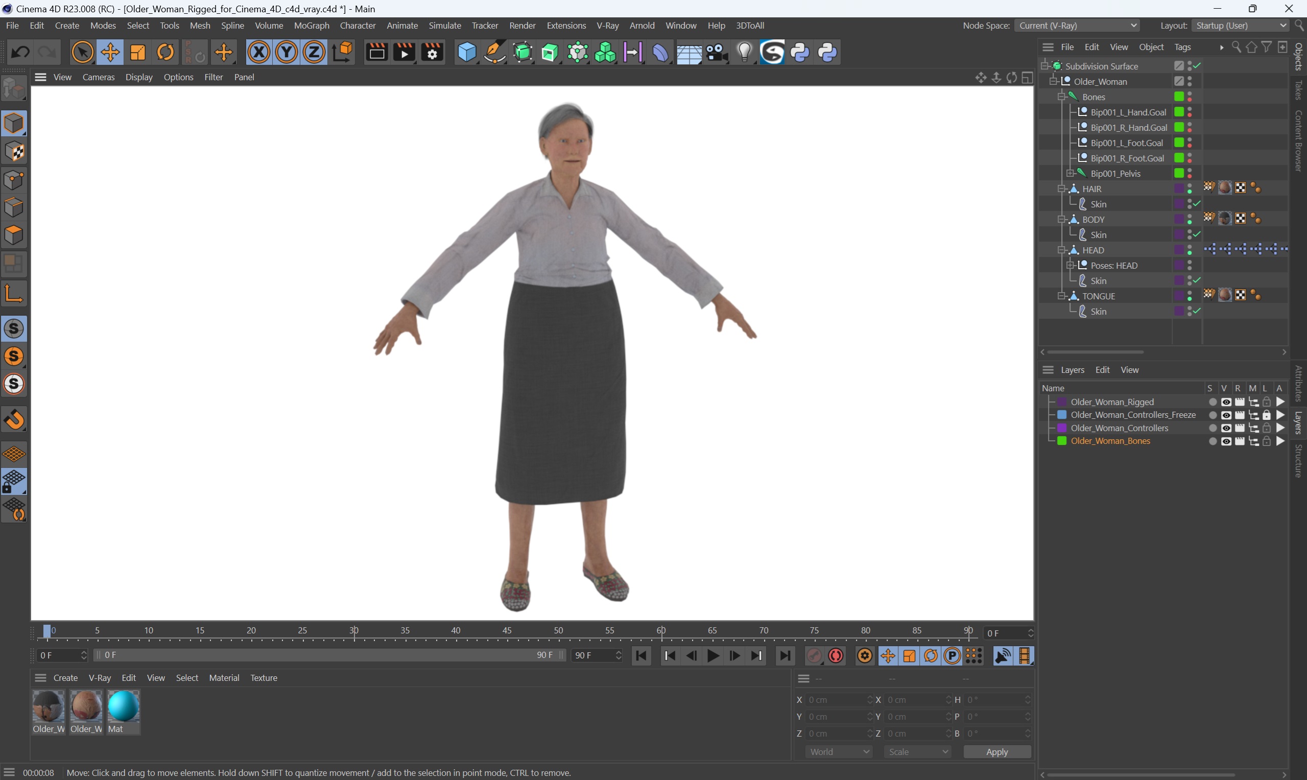 Older Woman Rigged for Cinema 4D 3D