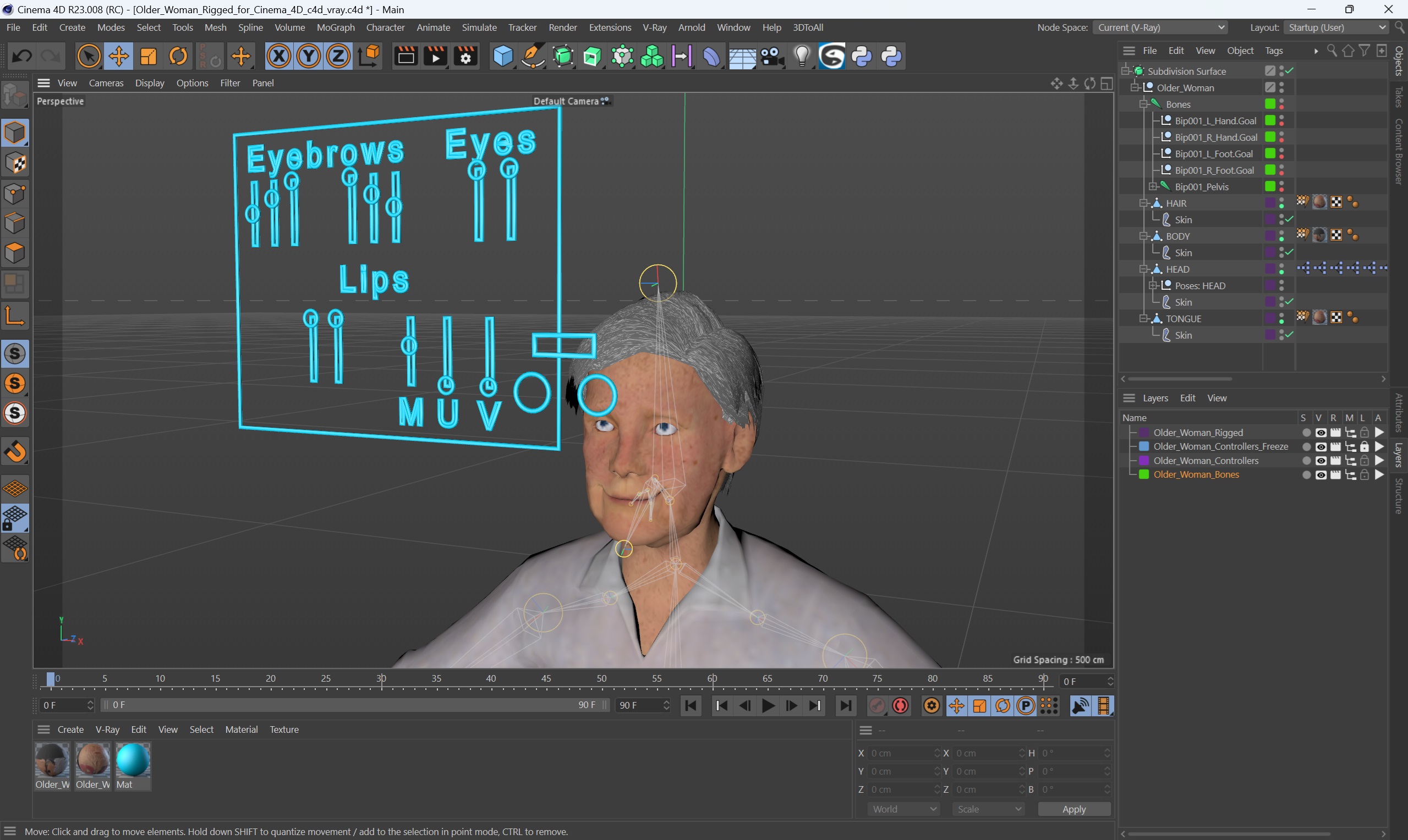 Older Woman Rigged for Cinema 4D 3D