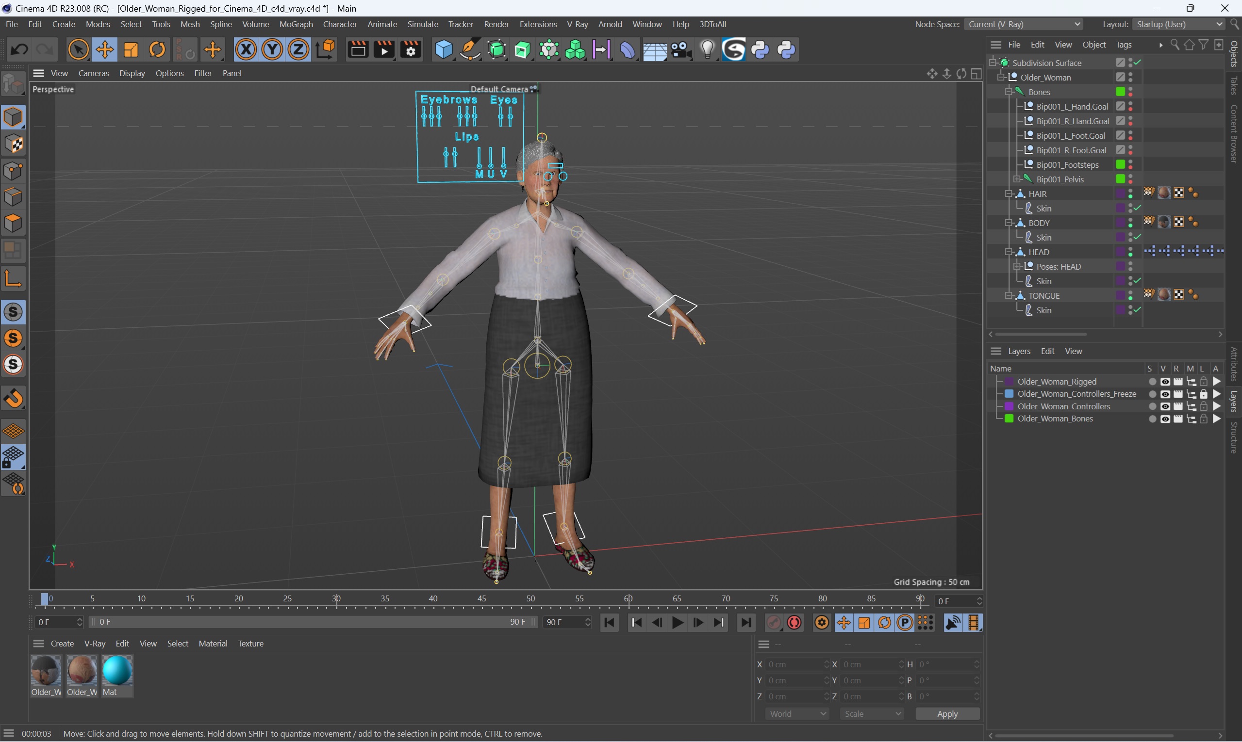 Older Woman Rigged for Cinema 4D 3D