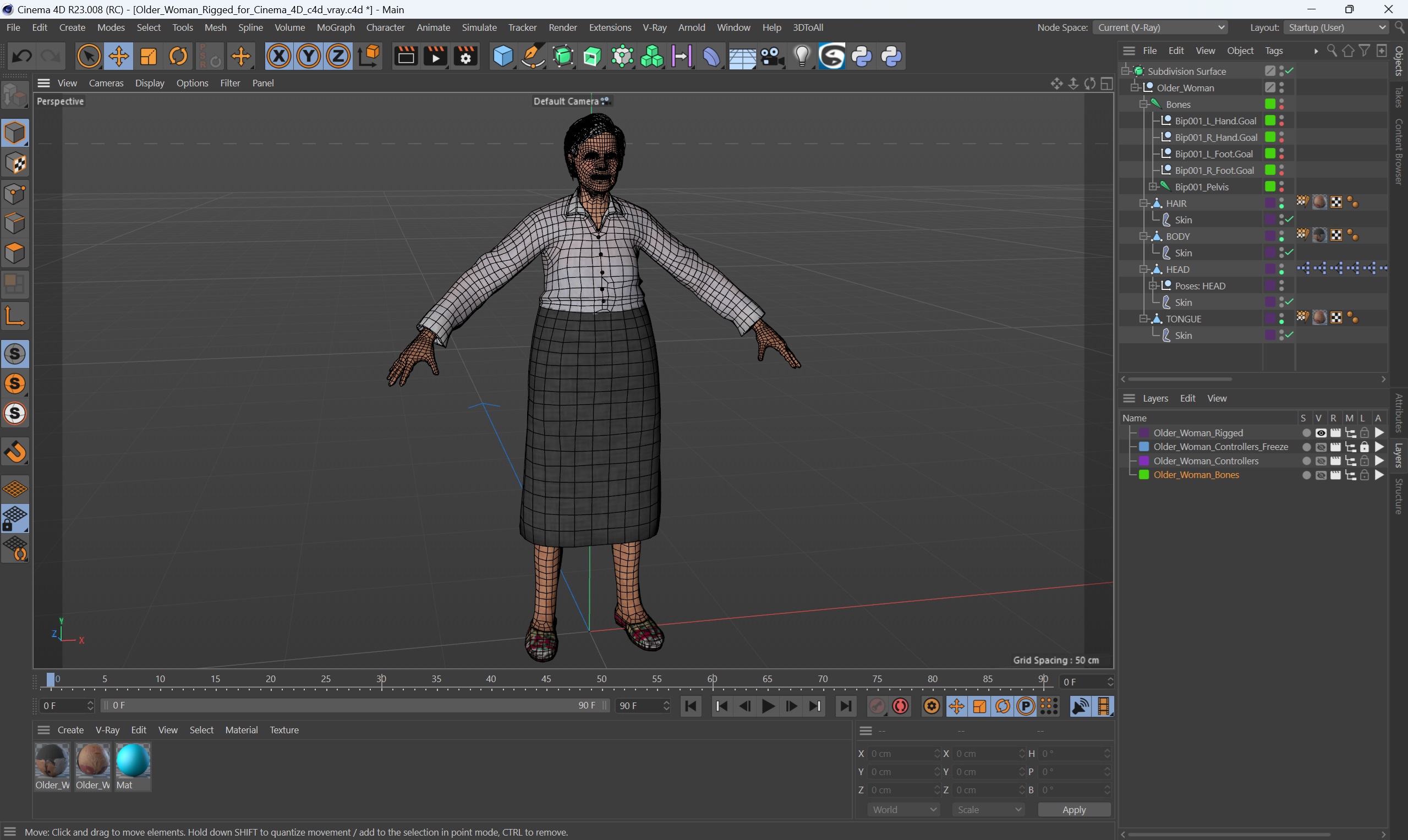 Older Woman Rigged for Cinema 4D 3D