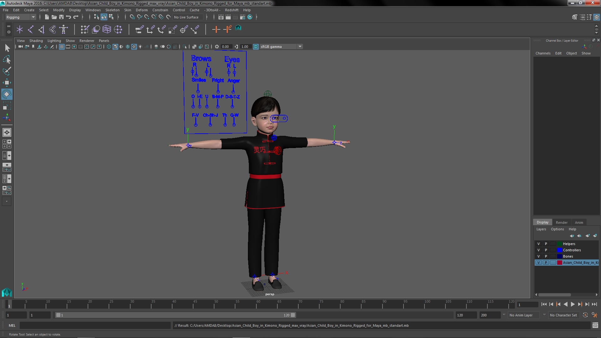 3D Asian Child Boy in Kimono Rigged for Maya