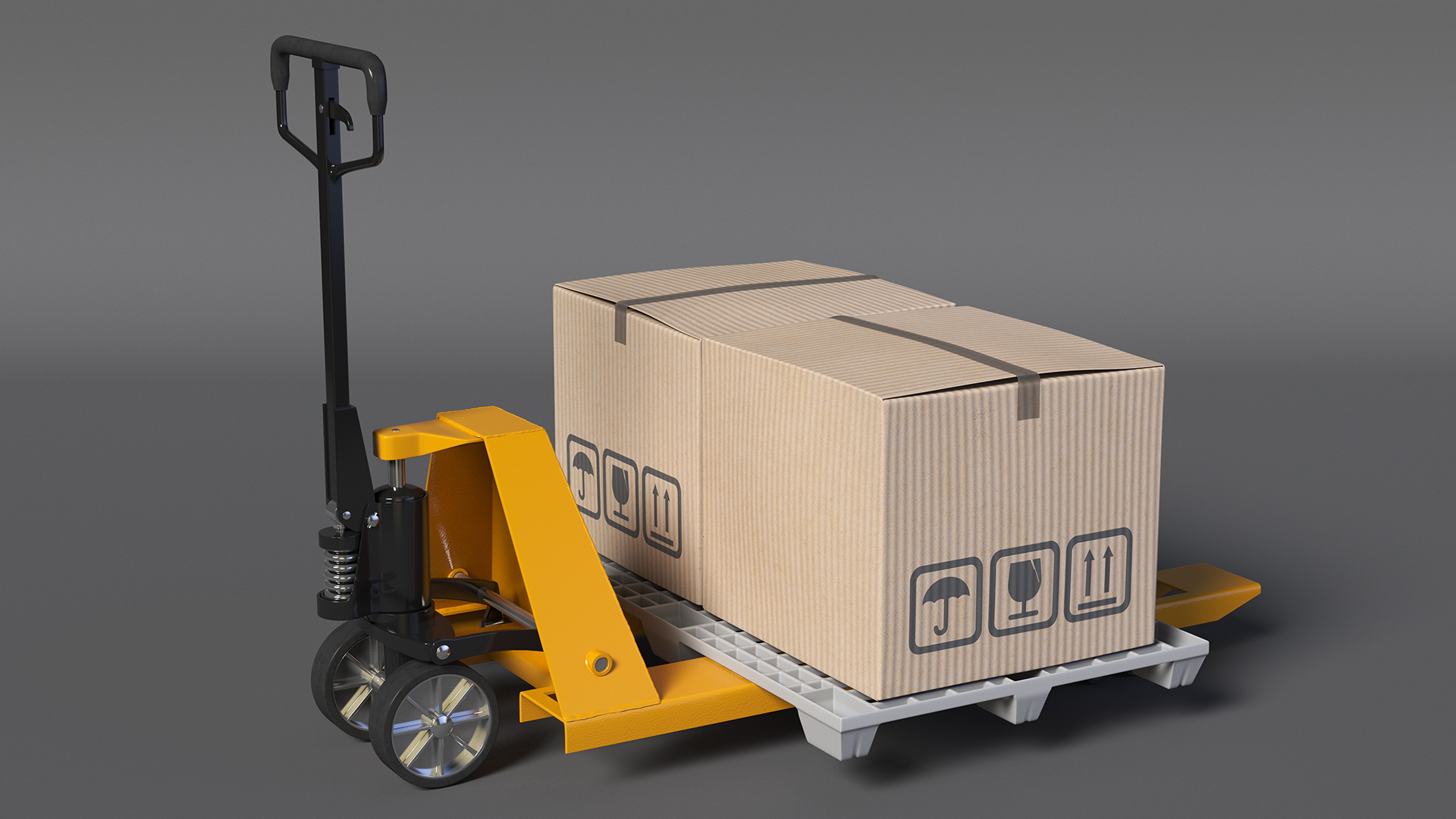 3D model Yellow Hand Pallet Truck with Boxes