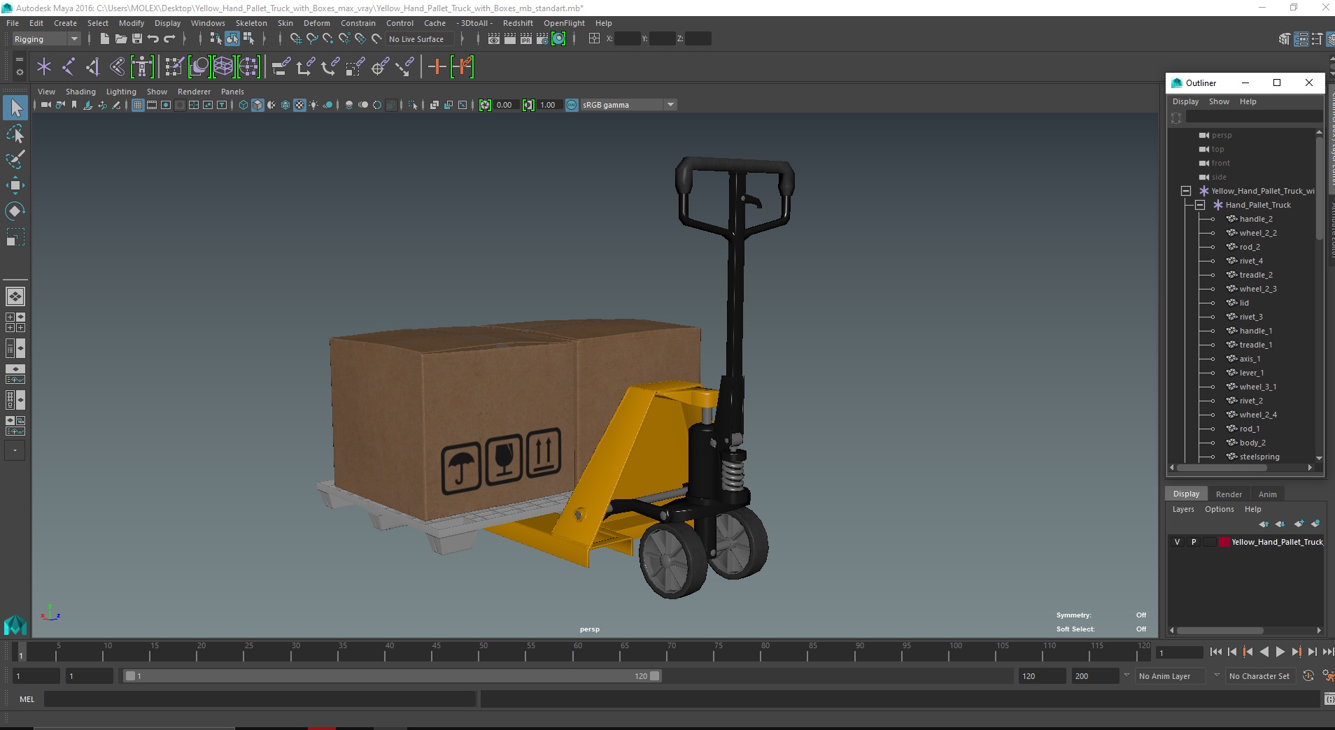 3D model Yellow Hand Pallet Truck with Boxes