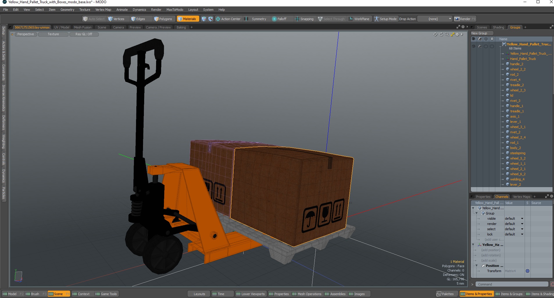 3D model Yellow Hand Pallet Truck with Boxes