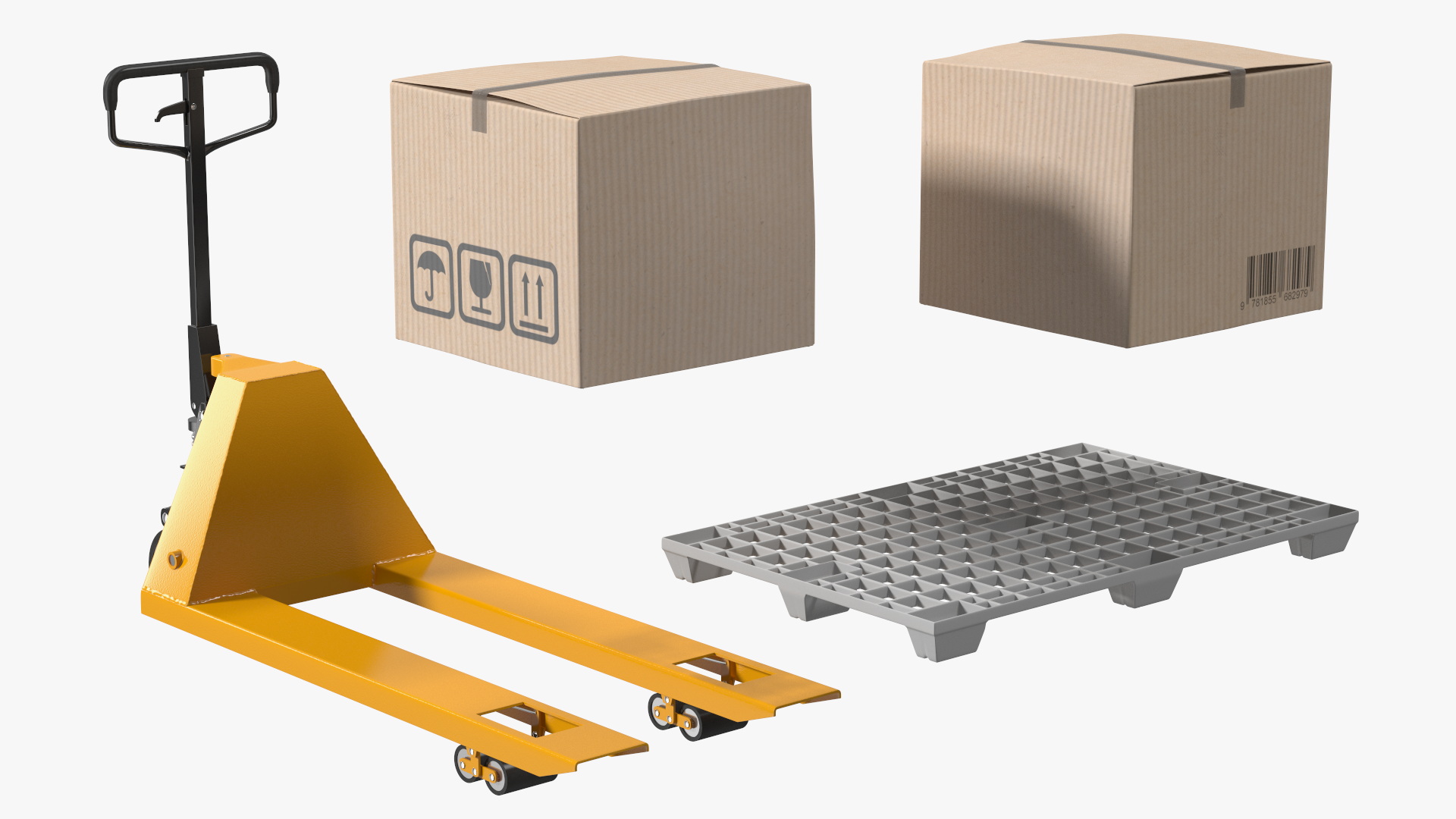 3D model Yellow Hand Pallet Truck with Boxes