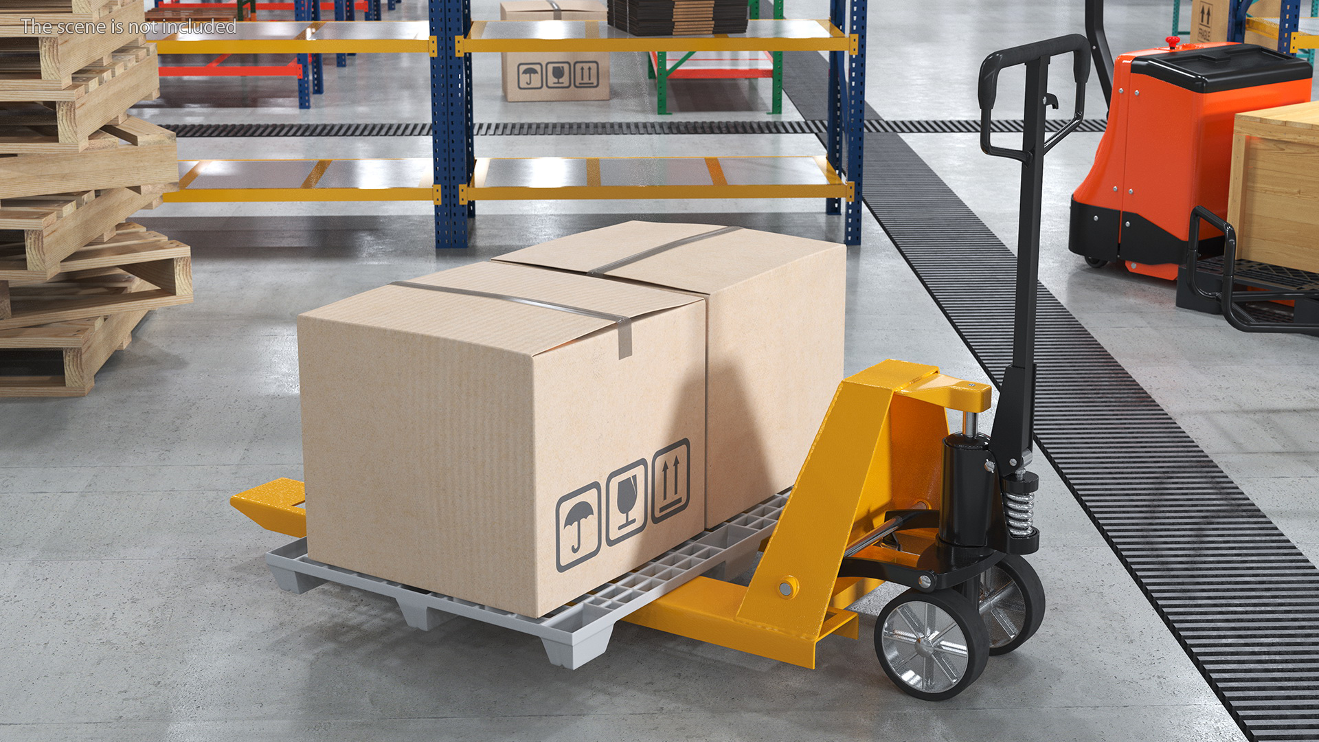 3D model Yellow Hand Pallet Truck with Boxes