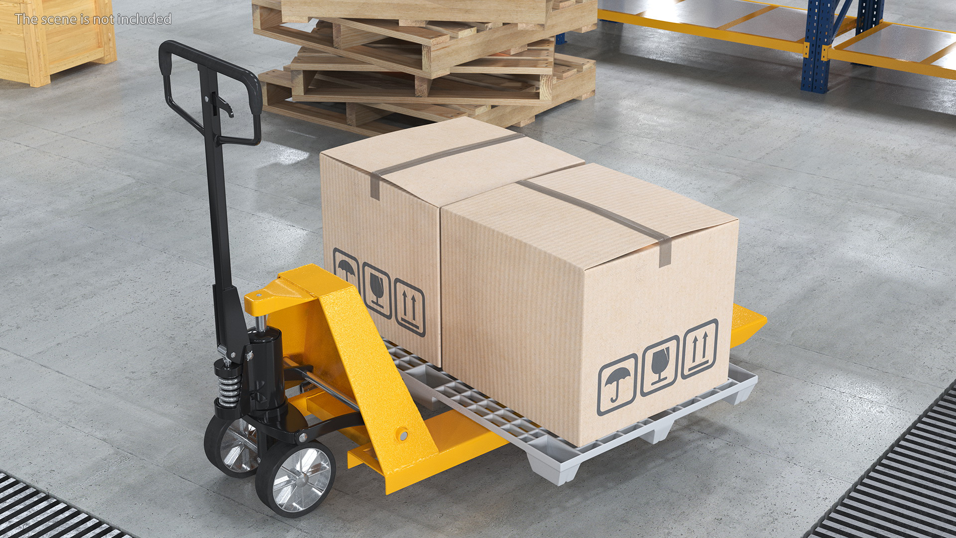 3D model Yellow Hand Pallet Truck with Boxes