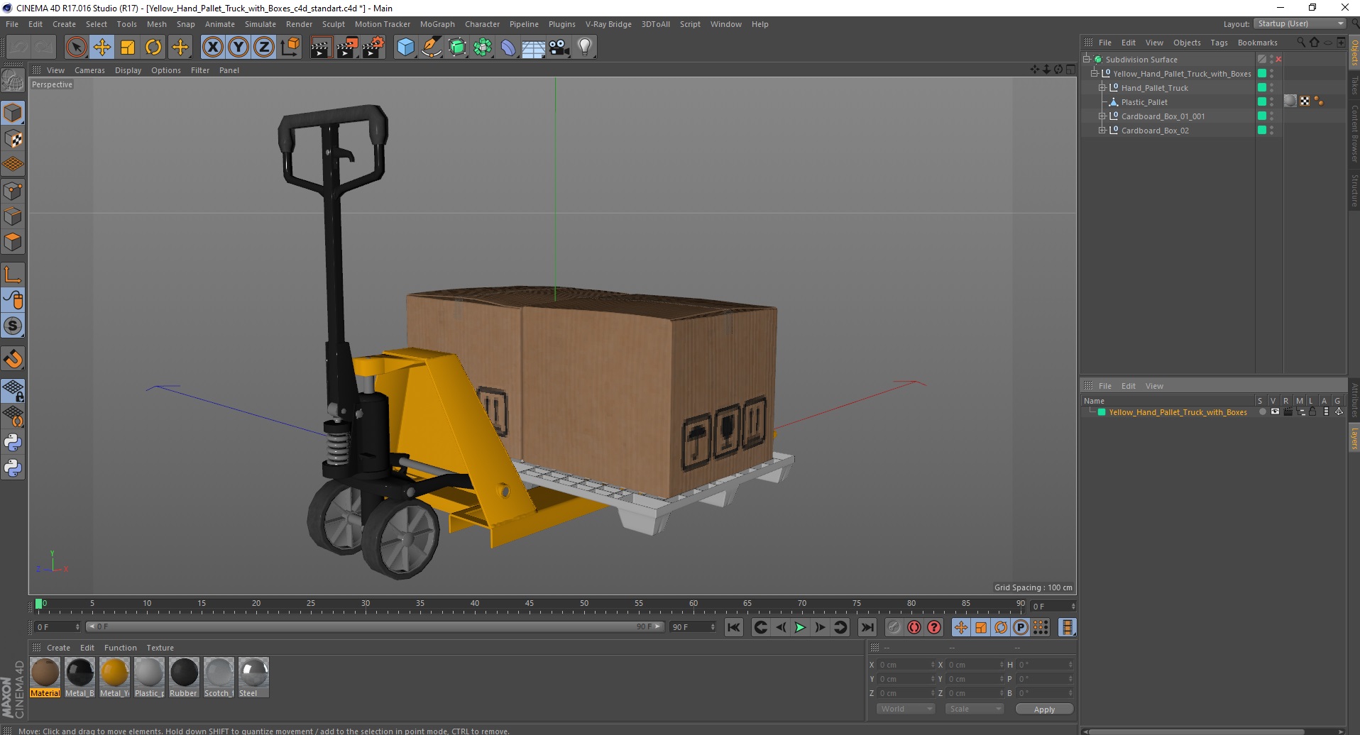 3D model Yellow Hand Pallet Truck with Boxes