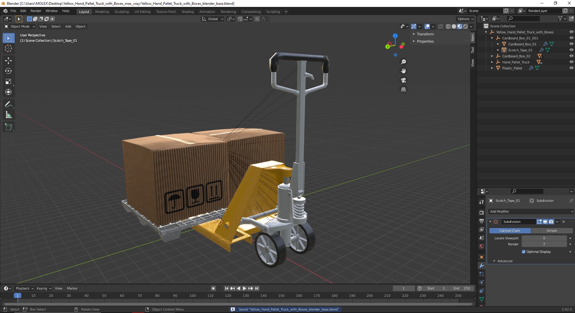 3D model Yellow Hand Pallet Truck with Boxes