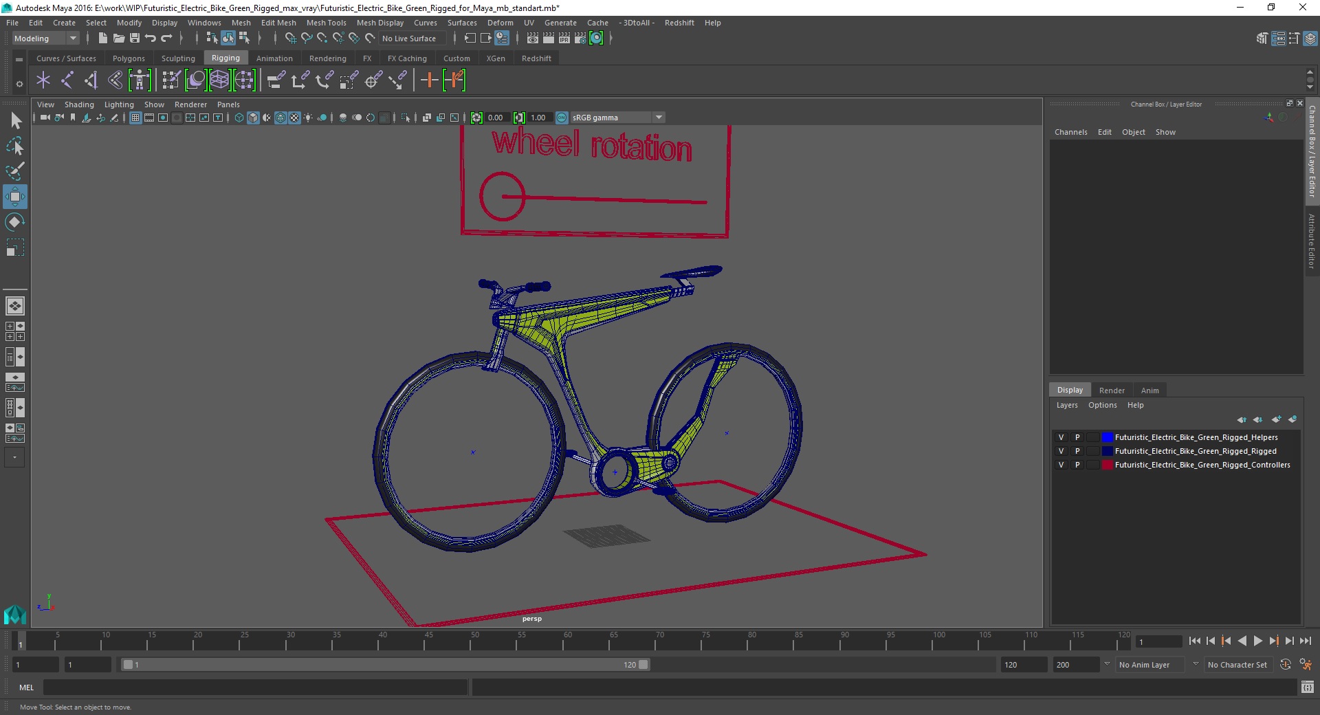 3D Futuristic Electric Bike Green Rigged for Maya