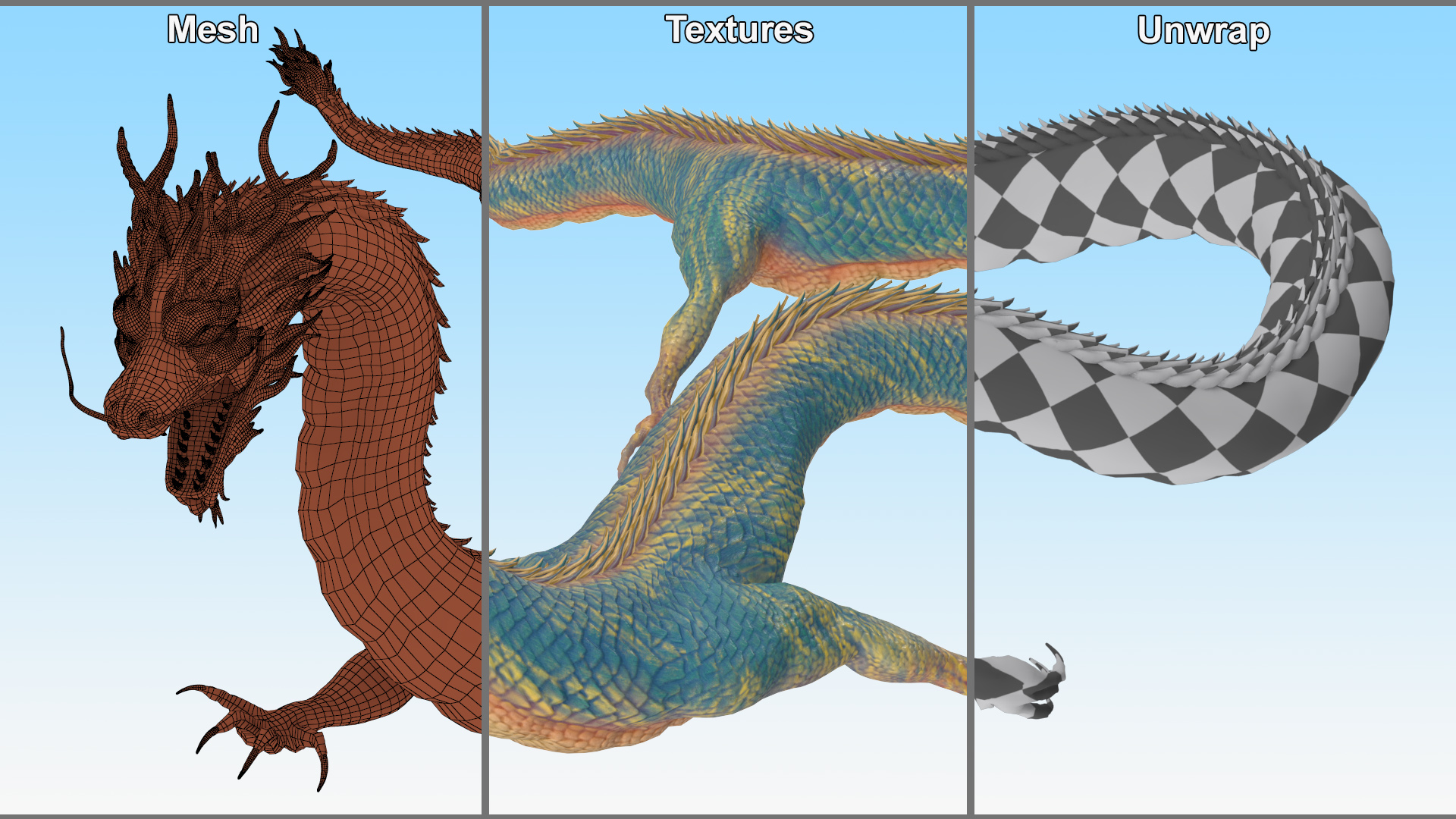 Mythical Creature Asian Dragon Blue Flying 3D