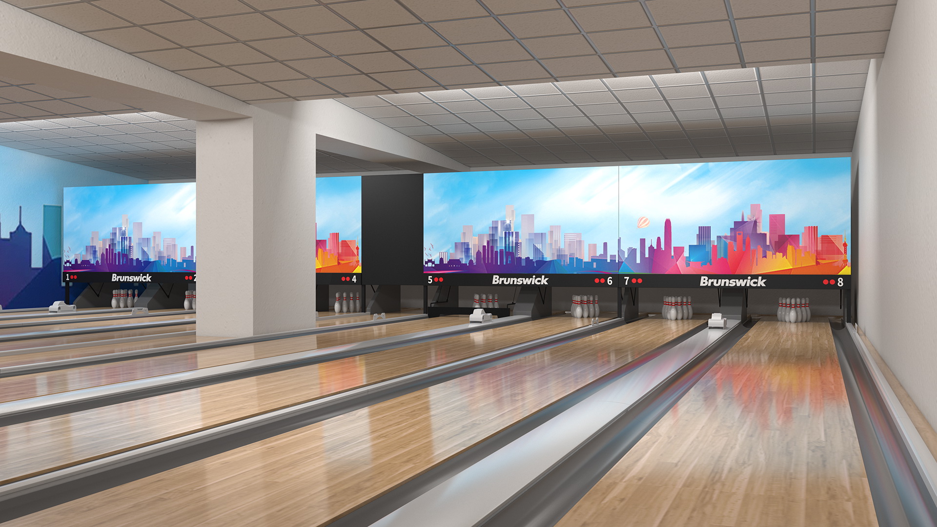 3D Interior of Bowling Center with Furniture