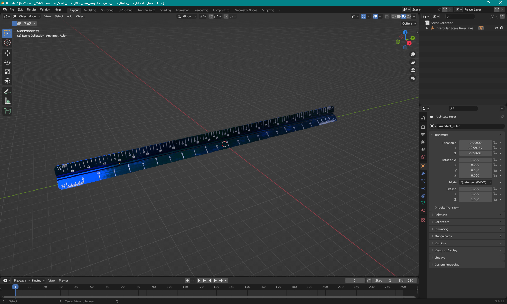 Triangular Scale Ruler Blue 3D