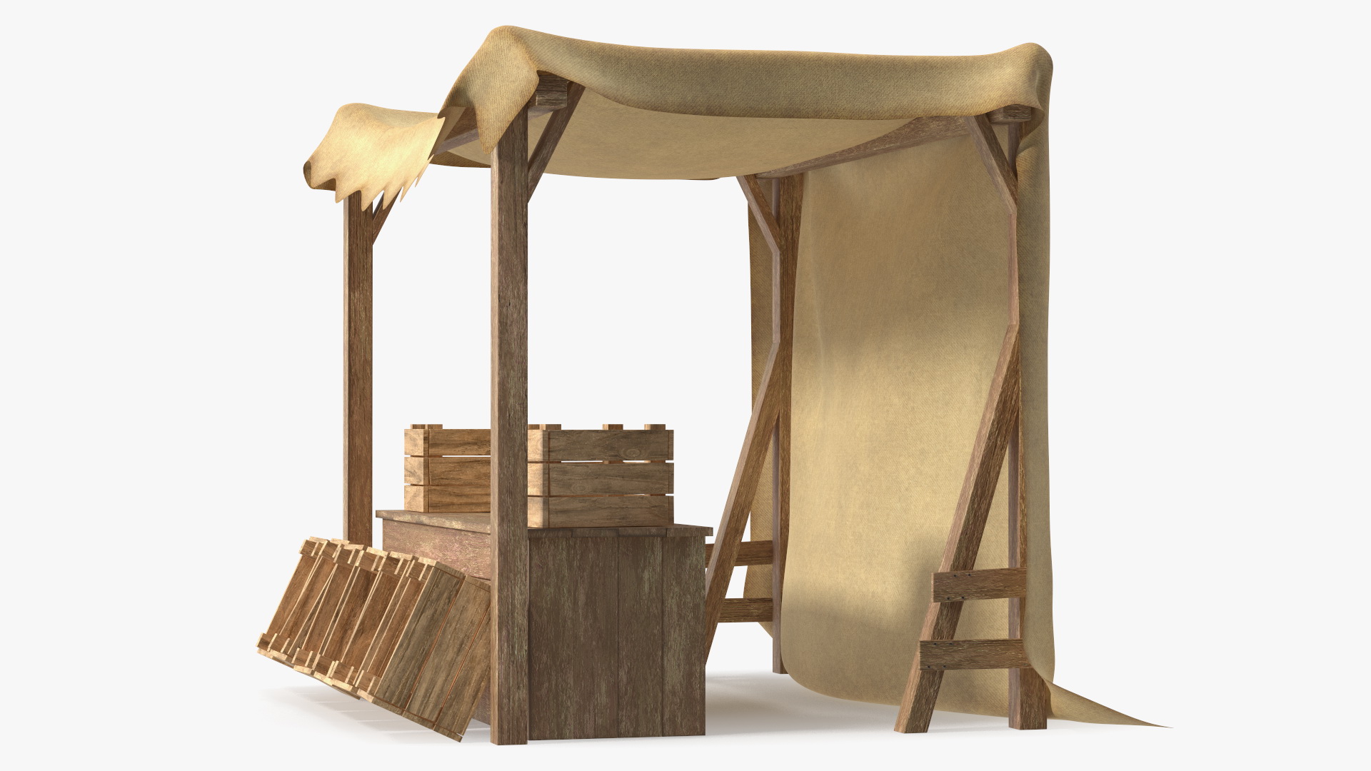 Wooden Market Stall with Beige Awning 3D