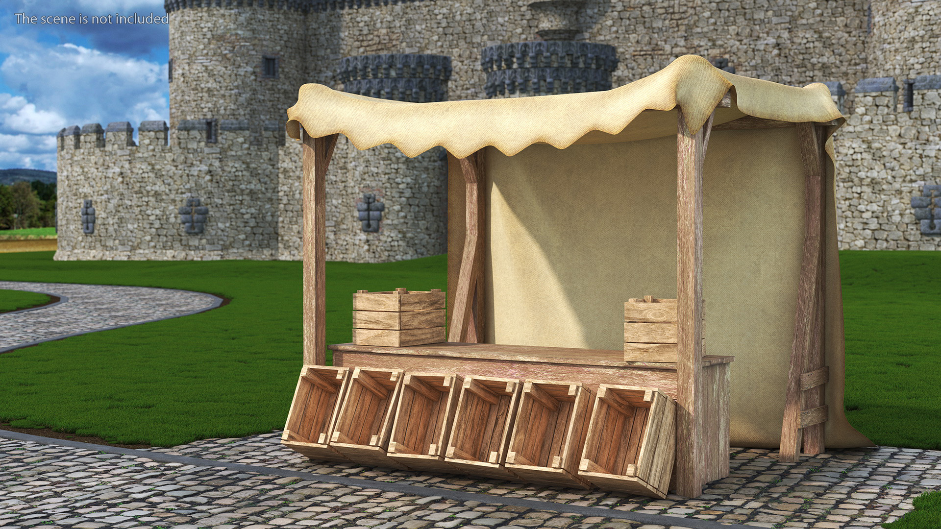 Wooden Market Stall with Beige Awning 3D