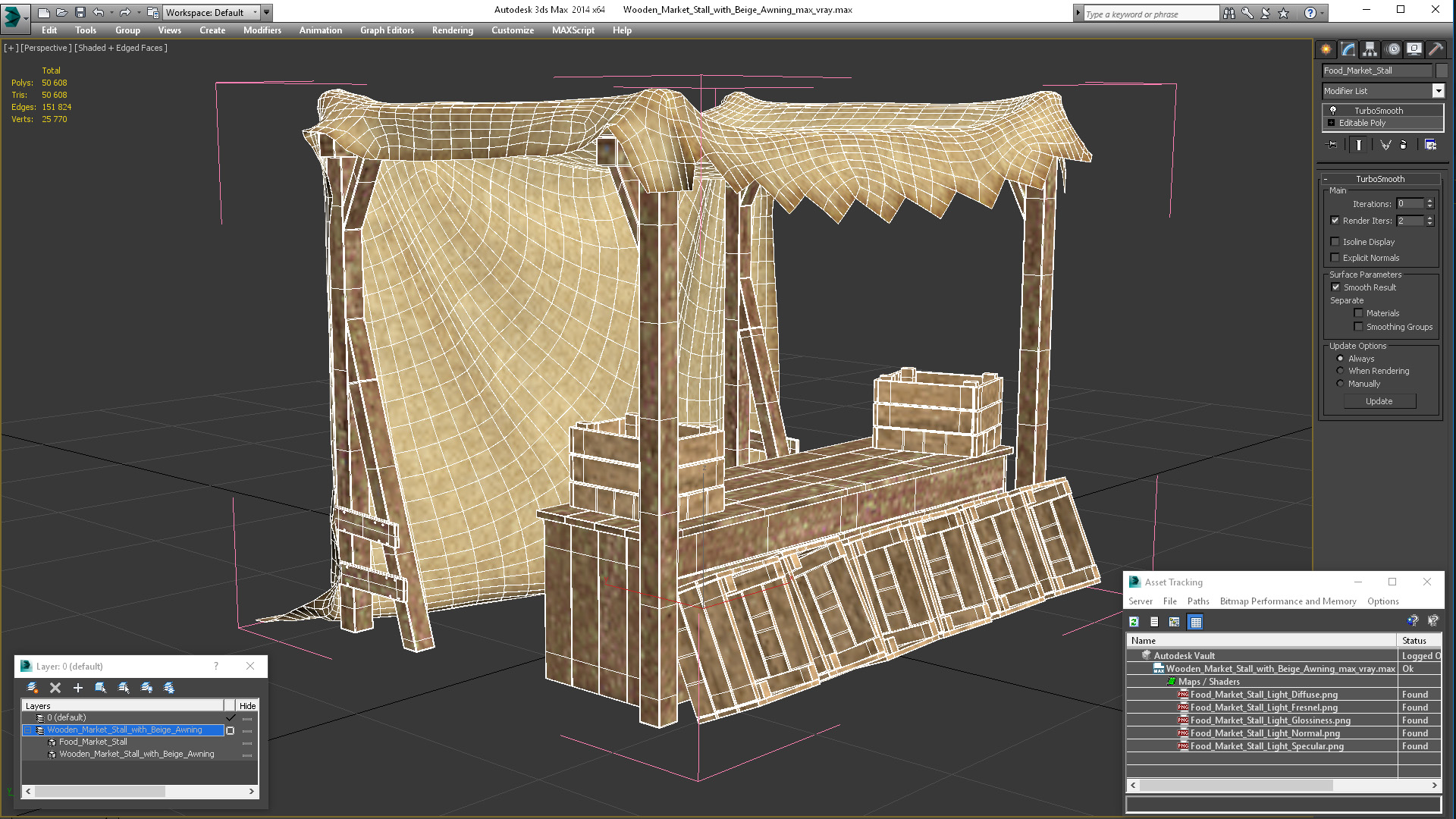 Wooden Market Stall with Beige Awning 3D