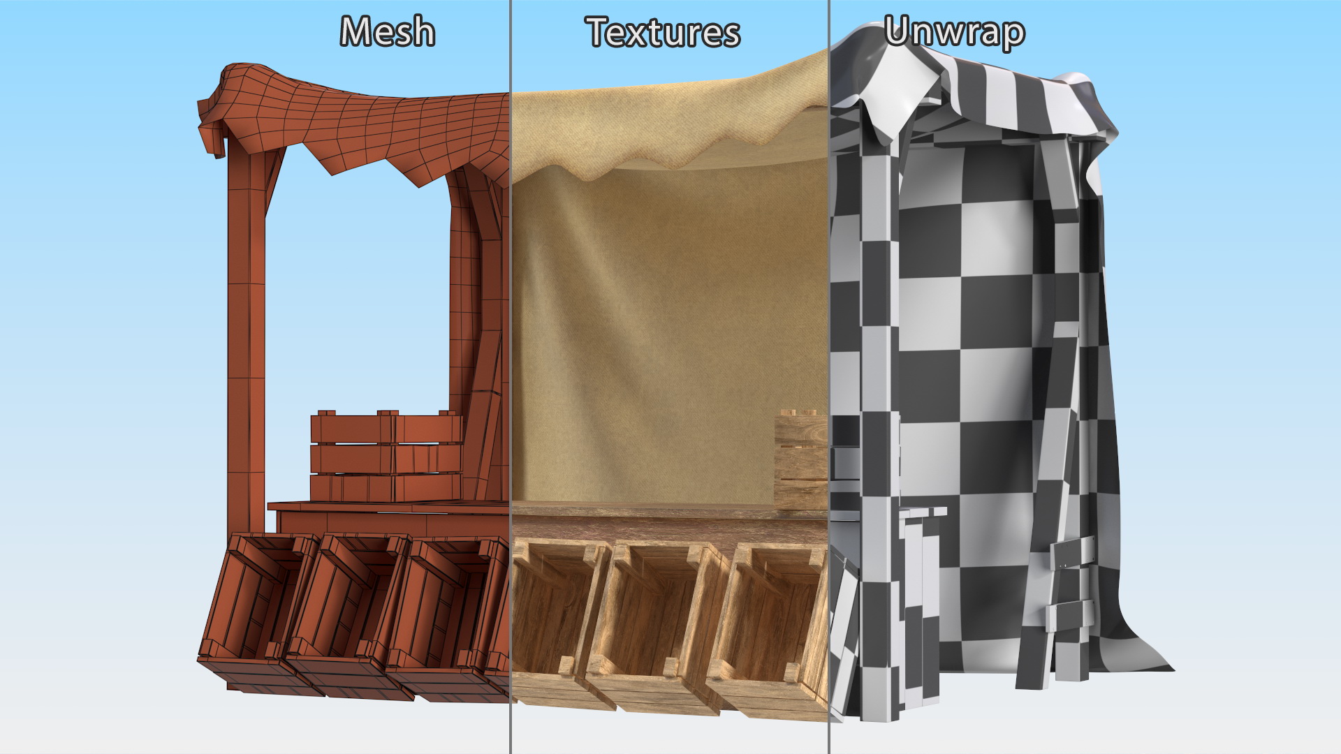 Wooden Market Stall with Beige Awning 3D