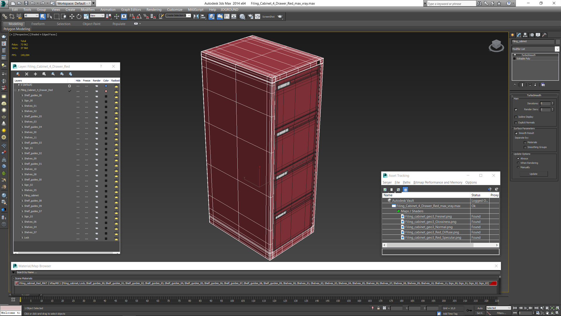 Filing Cabinet 4 Drawer Red 3D