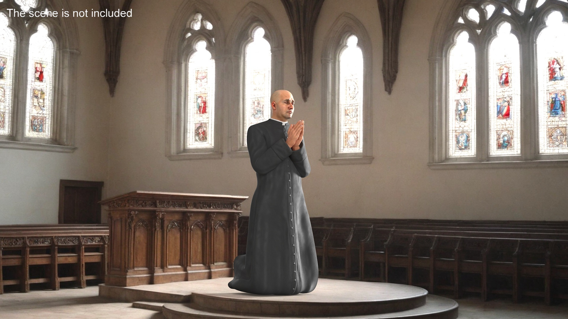 3D Catholic Priest Praying on His Knees