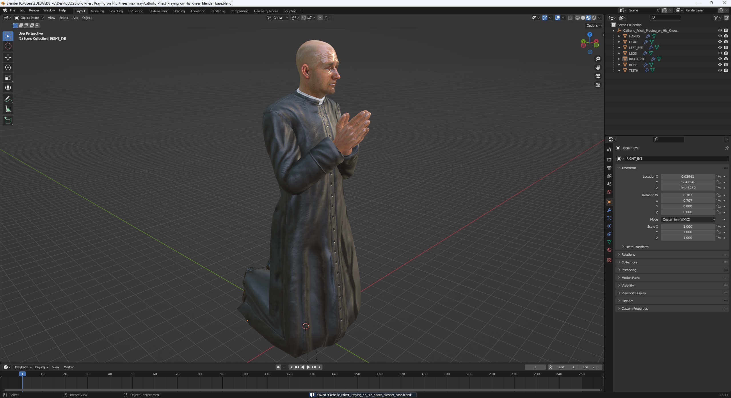 3D Catholic Priest Praying on His Knees