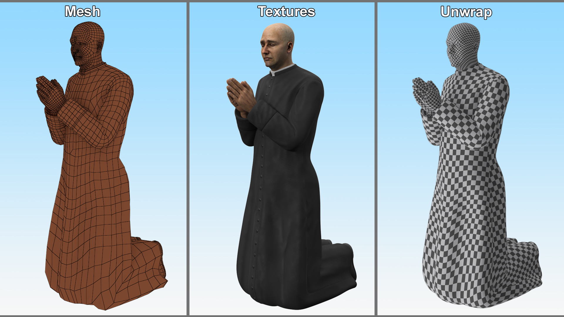 3D Catholic Priest Praying on His Knees