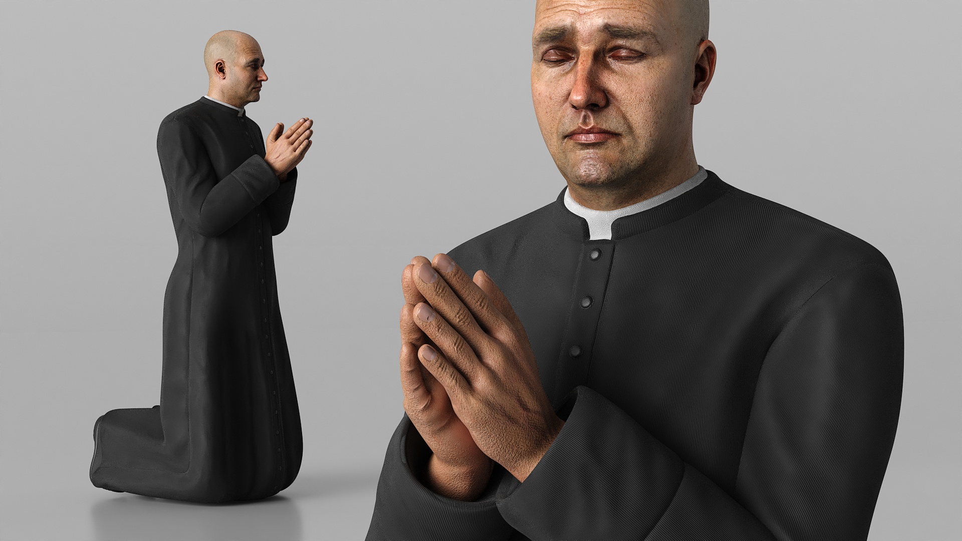 3D Catholic Priest Praying on His Knees