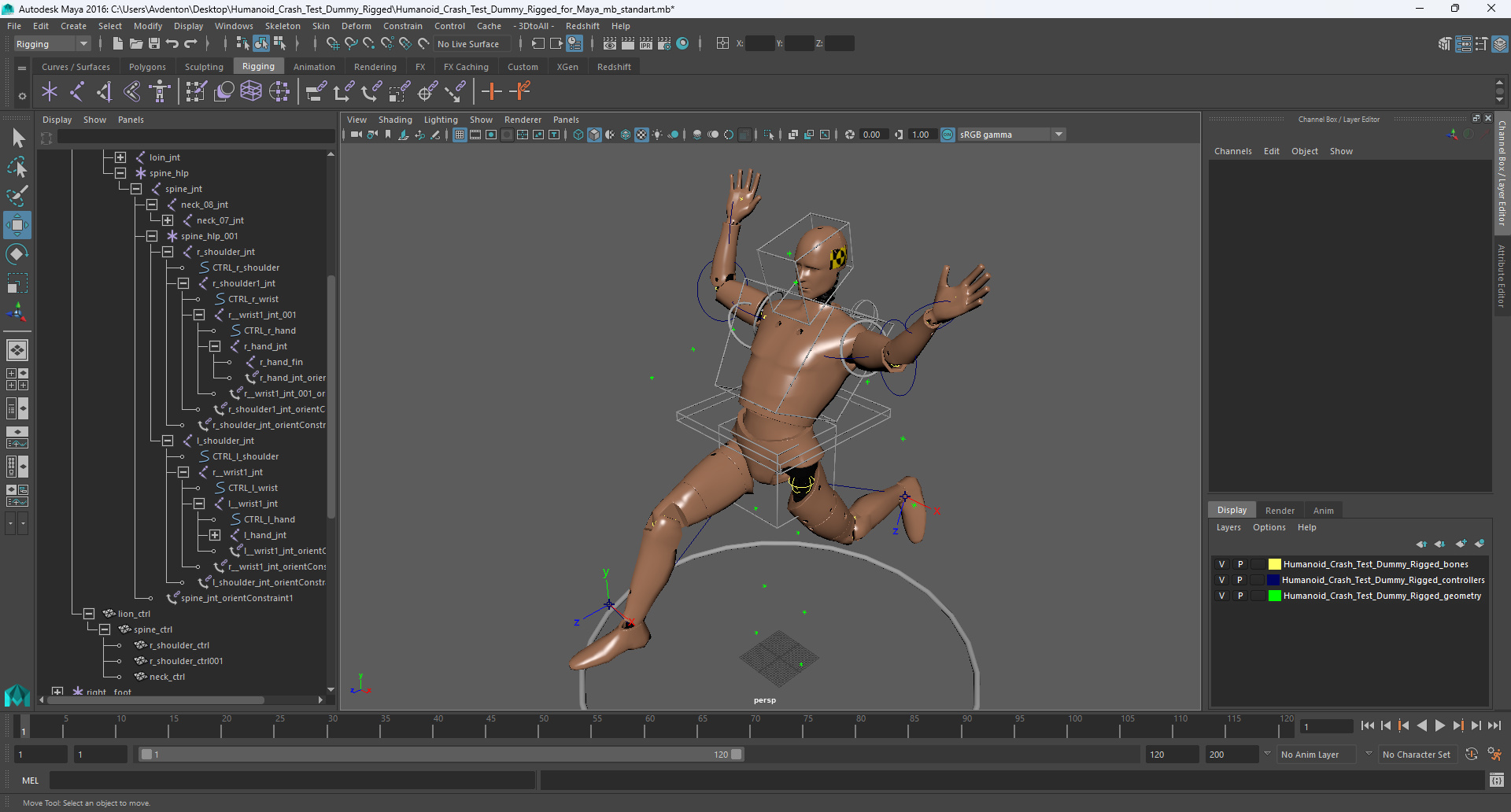 3D Humanoid Crash Test Dummy Rigged for Maya