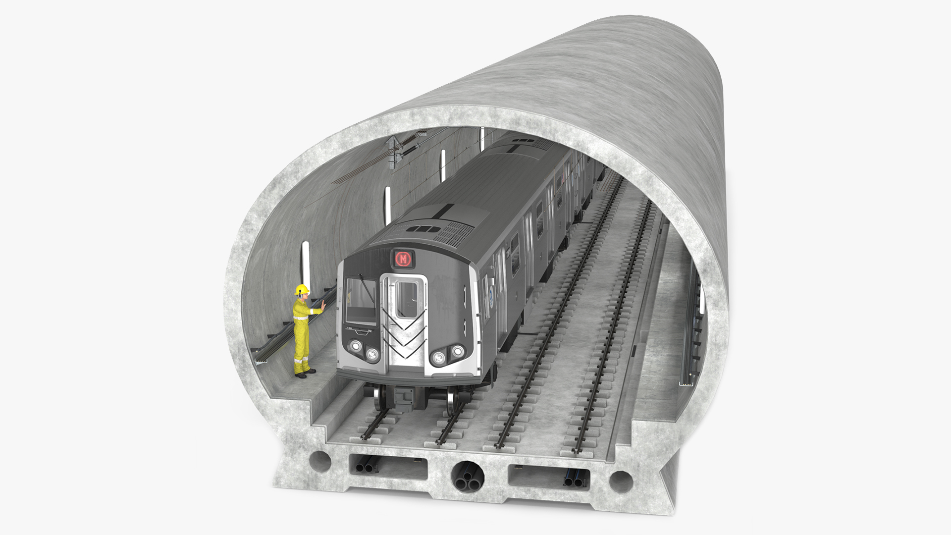 3D Subway Tunnel Section with Train and Worker model