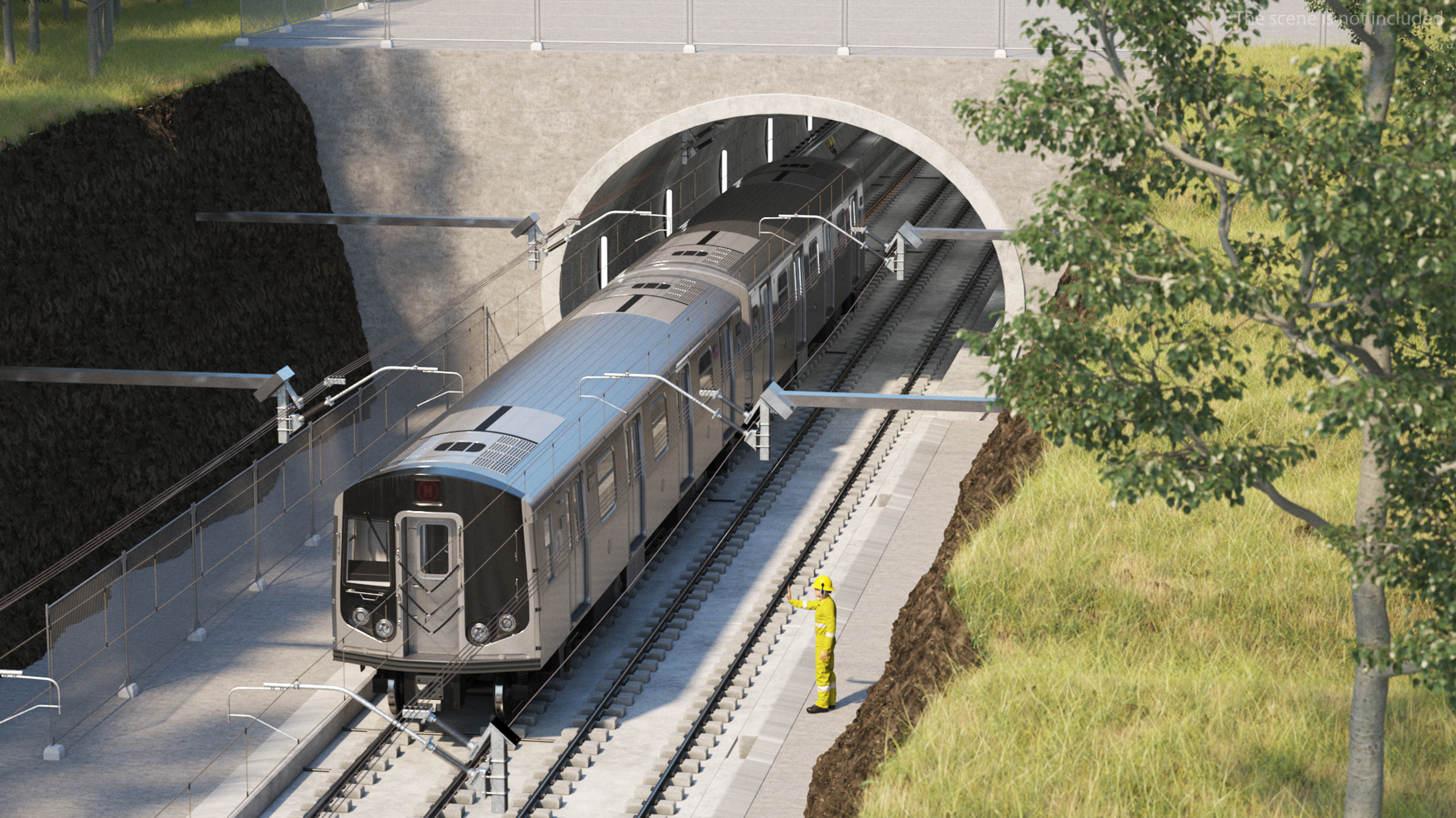 3D Subway Tunnel Section with Train and Worker model