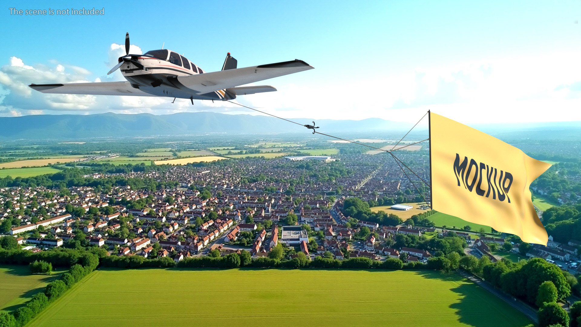 Plane with Big Yellow Aerial Mockup Banner 3D