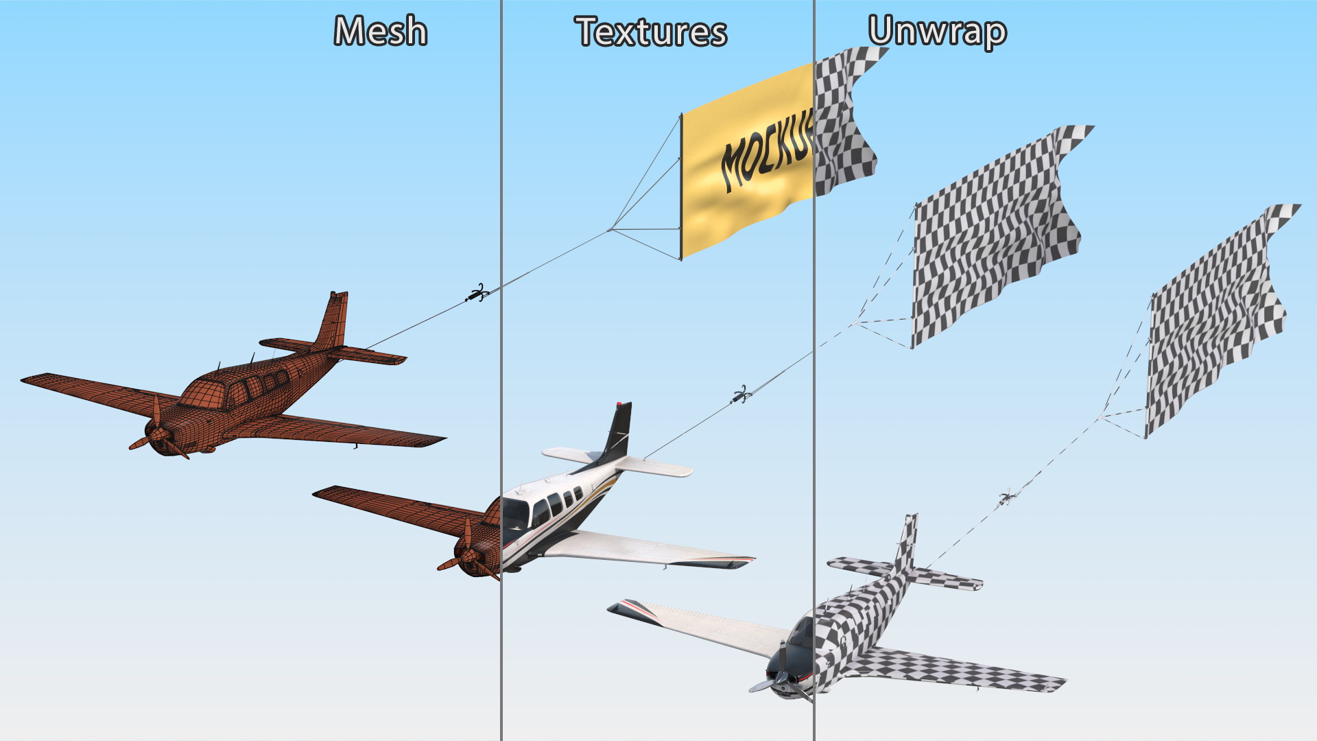 Plane with Big Yellow Aerial Mockup Banner 3D