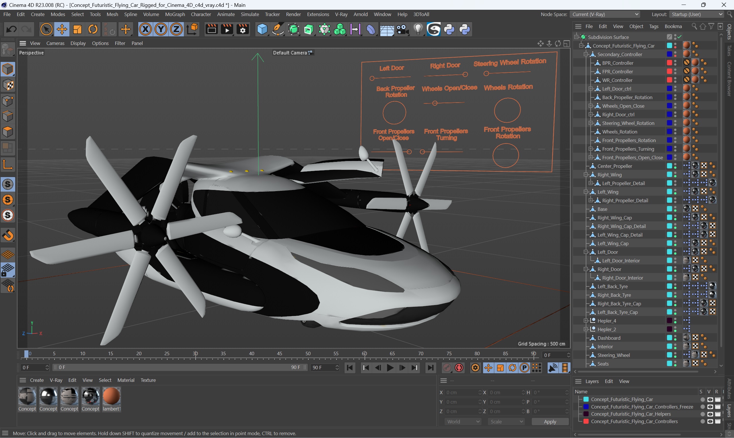 3D model Concept Futuristic Flying Car Rigged for Cinema 4D