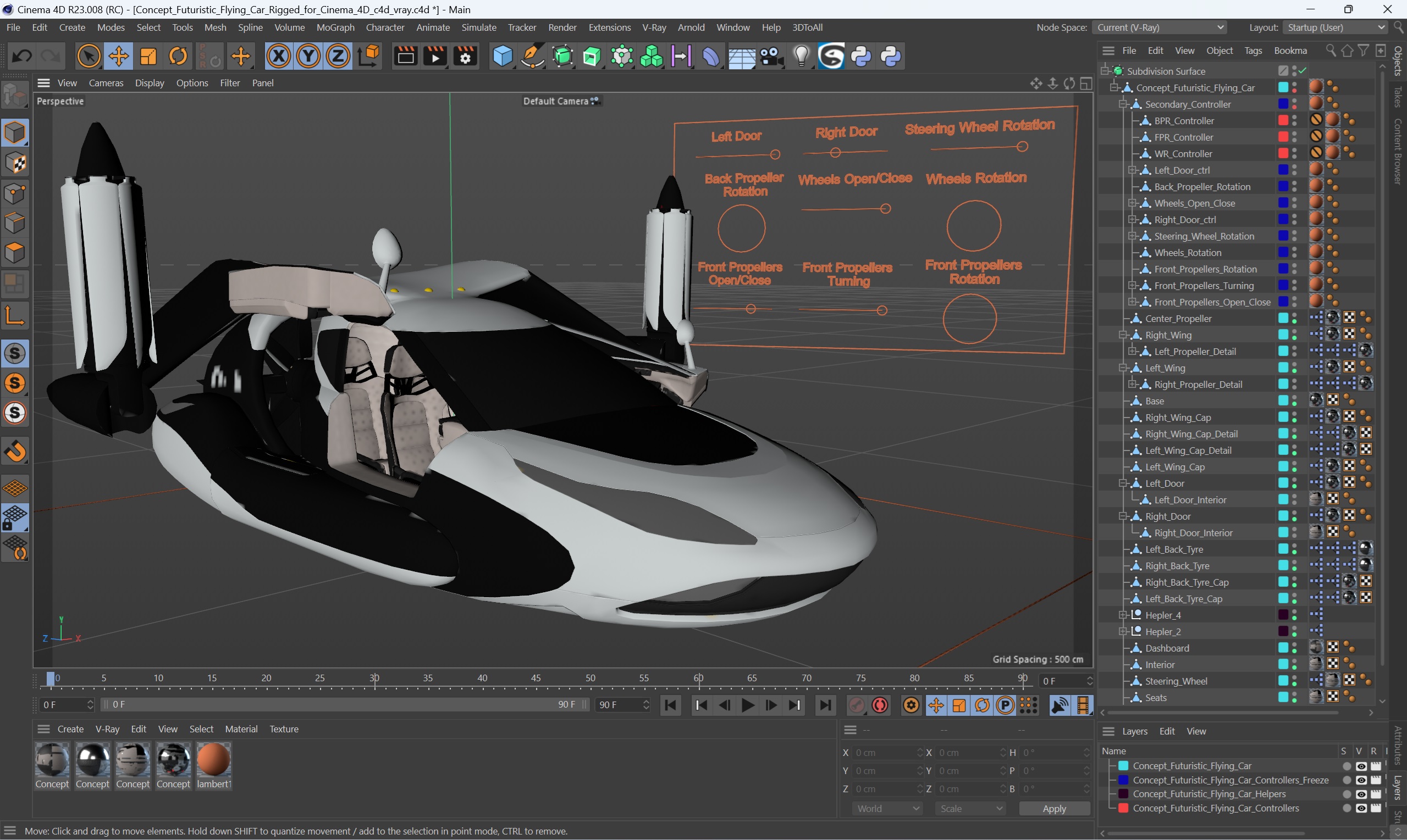 3D model Concept Futuristic Flying Car Rigged for Cinema 4D