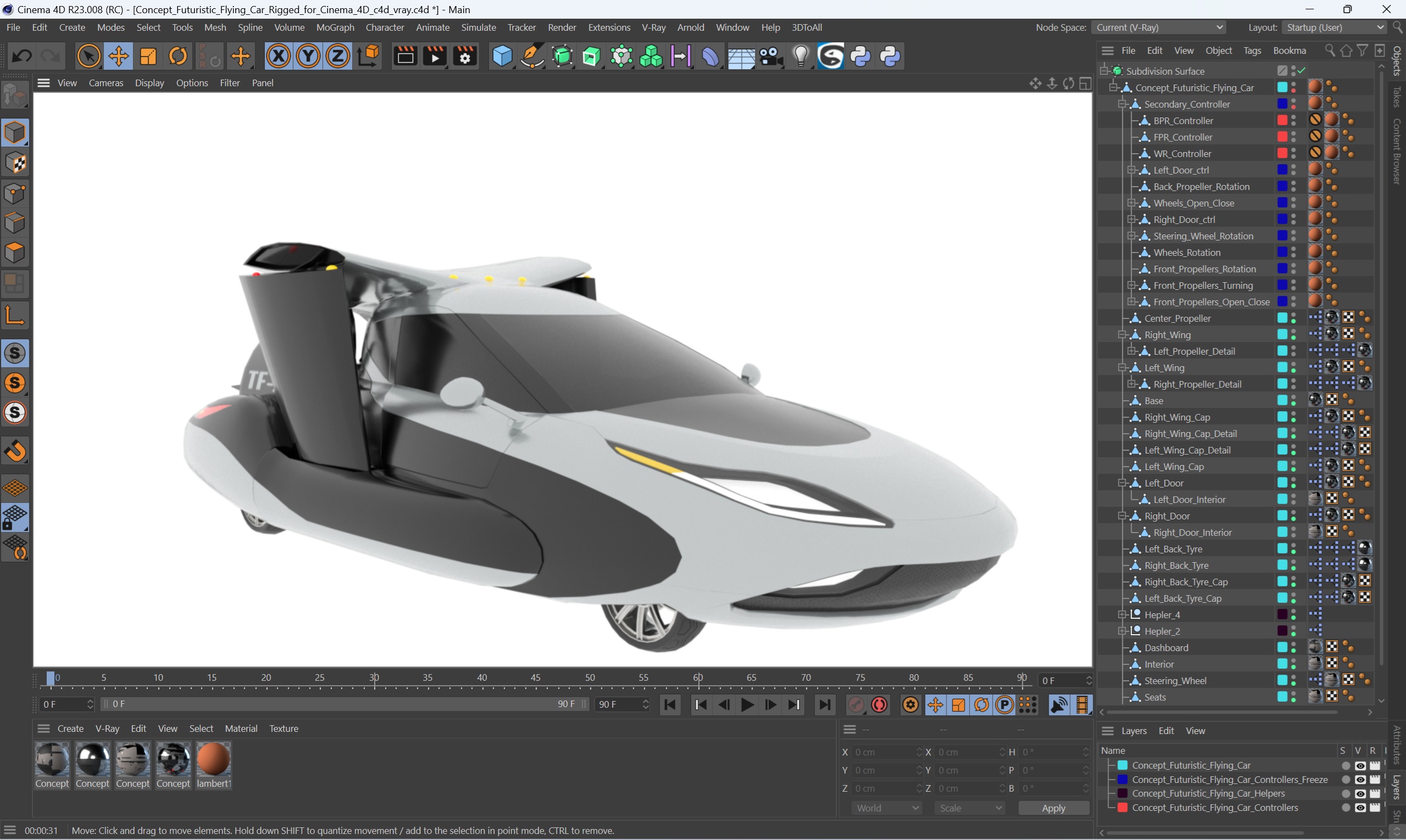 3D model Concept Futuristic Flying Car Rigged for Cinema 4D