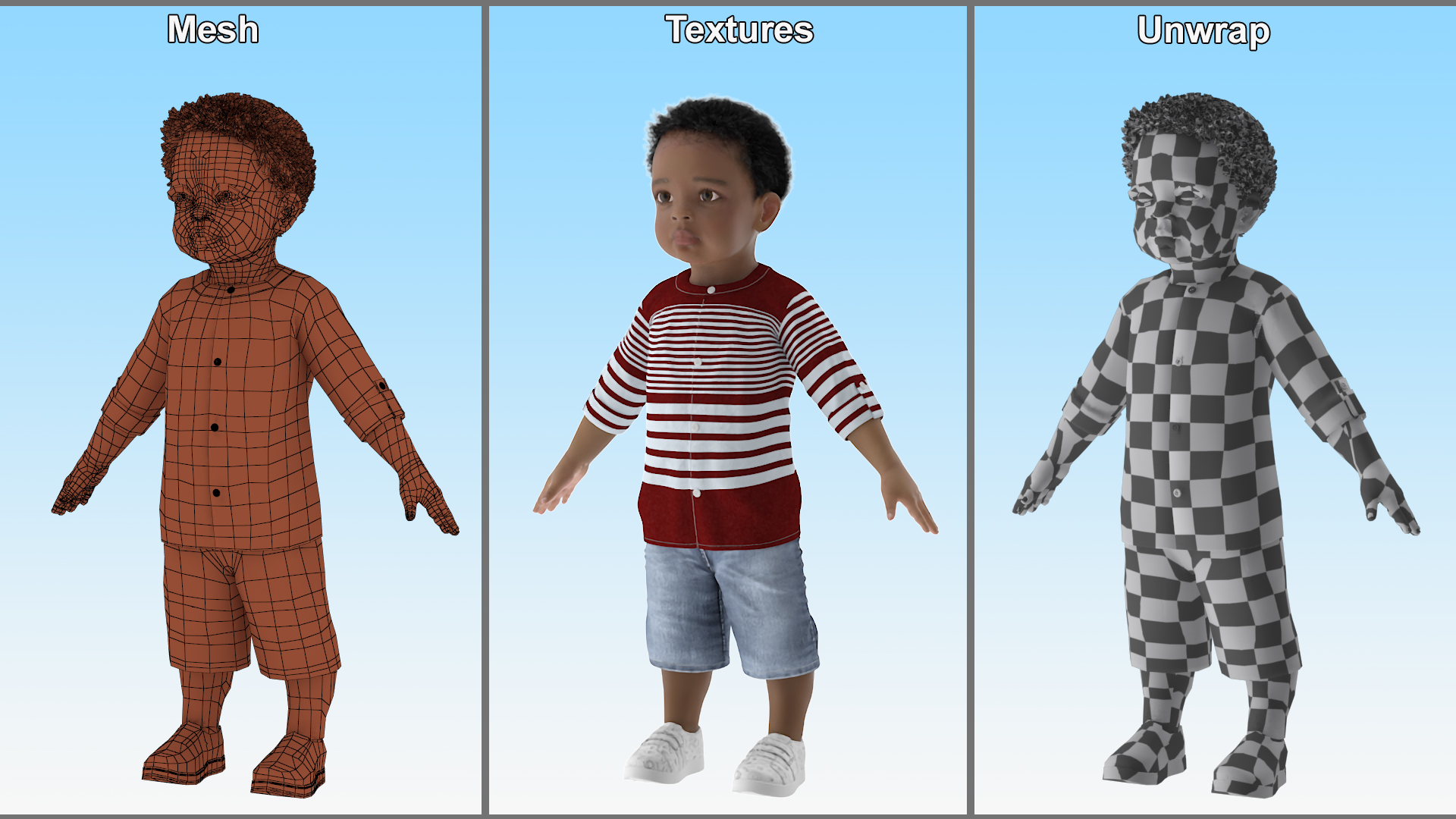 3D Little African Boy Light Skin in Summer Outfit Rigged model