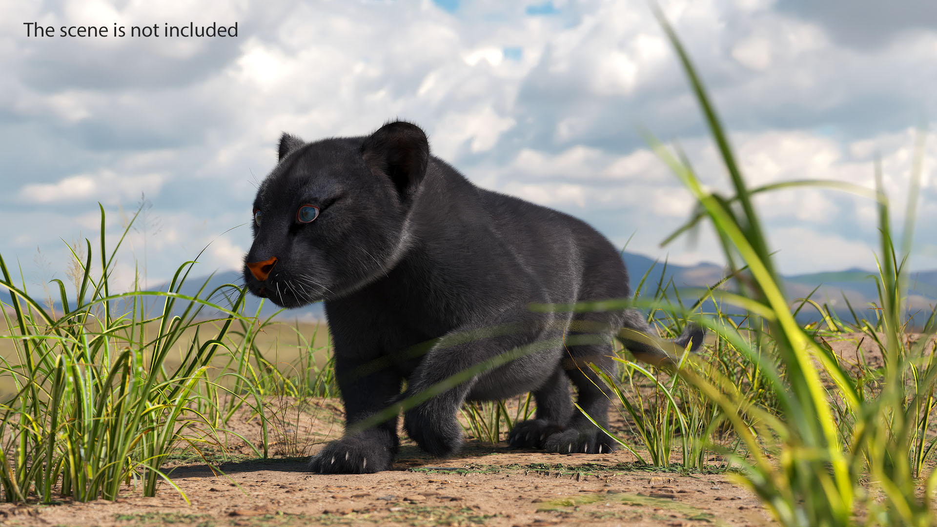 3D model Black Panther Cub Sneaking Pose with Fur