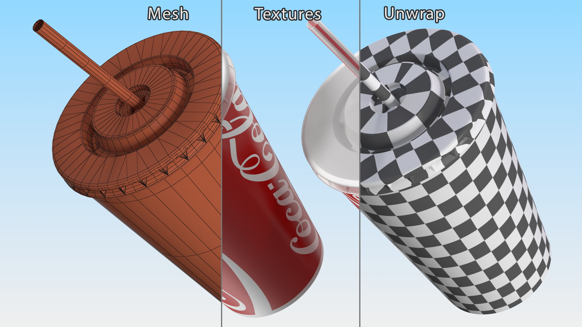 3D Coca-Cola Branded Paper Cup with Straw model